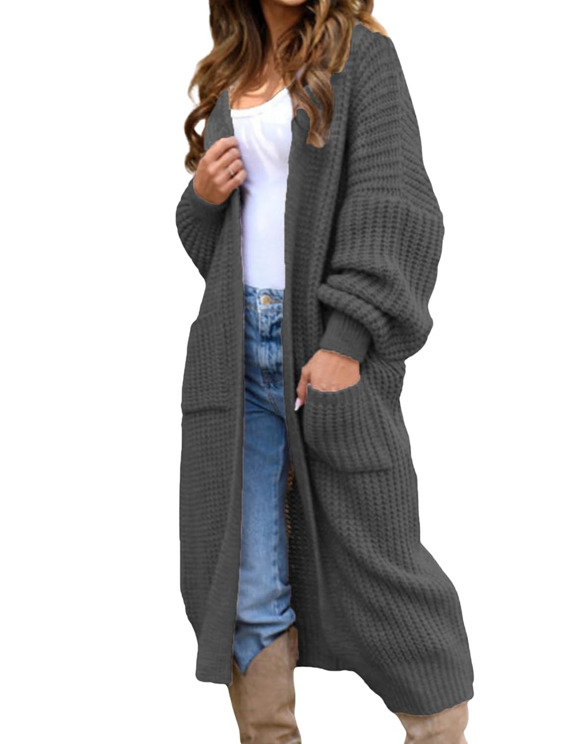 LIZALIG Womens Casual Long Sleeve Split Open Cardigan Knit Long Cardigan Sweaters with Pockets Fall Fashion