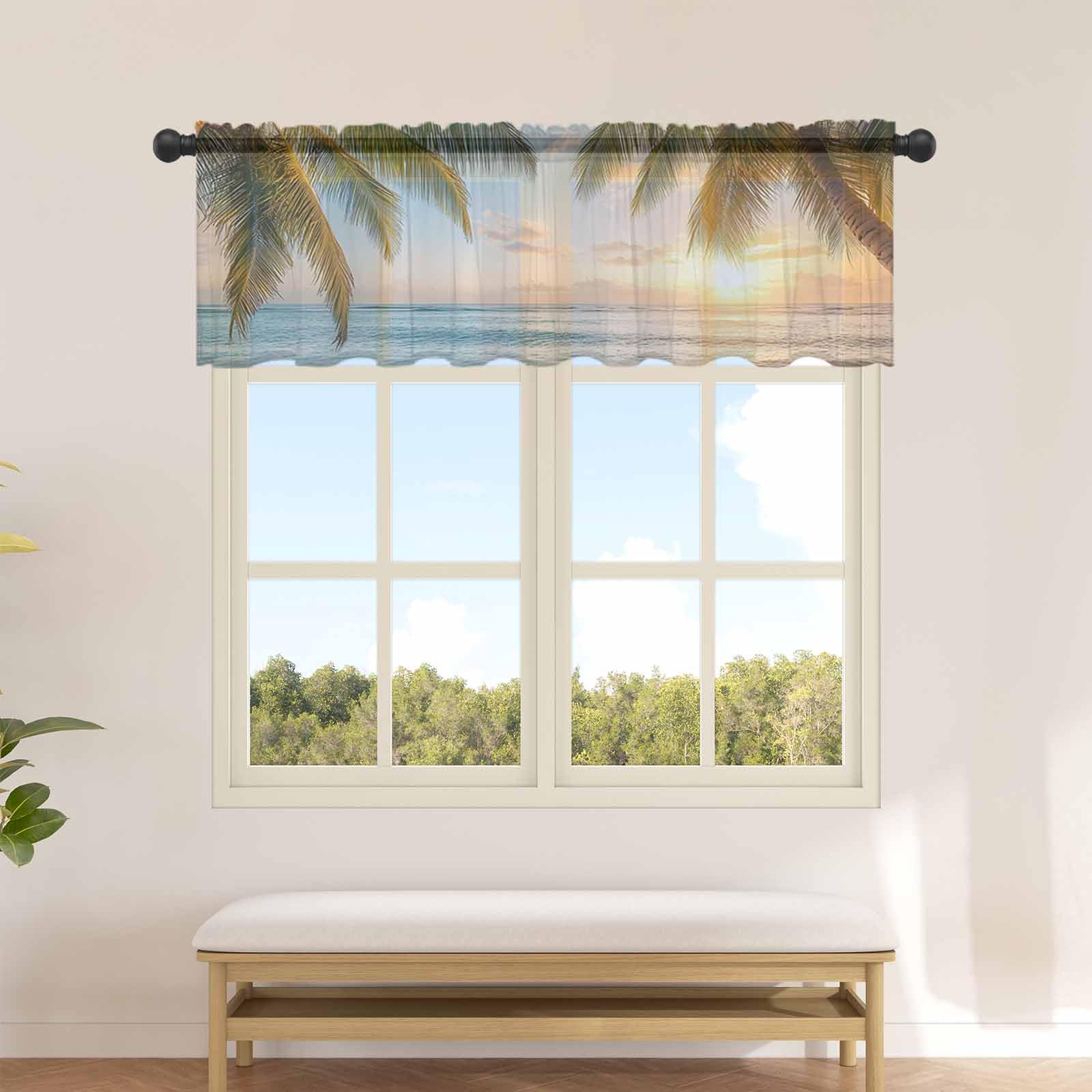 Sheer Valances for Windows Rod Pocket Kitchen Valance Curtains Palm Trees on The Beach in Summer Valance Panels for Living Room Bedroom Decoration,