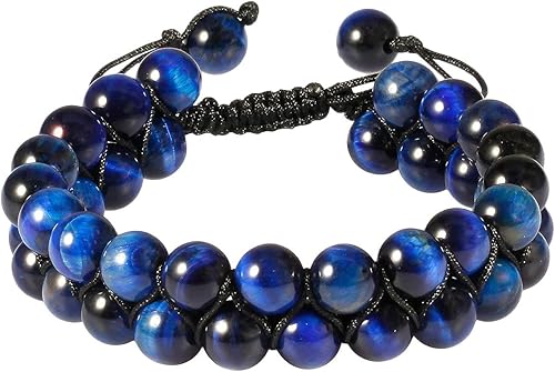 SUNYIK Pulsera ajustable de piedra redonda de 0.315 pulgadas para unisex, cuentas de doble capa, pulseras de la amistad de macramé, hilo de 7 a 10