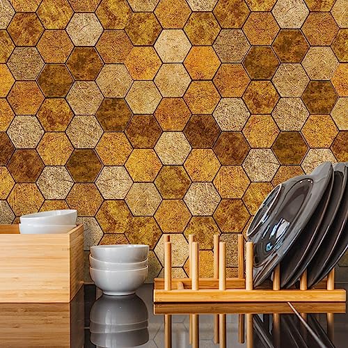 Tenashome Metal Backsplash Peel And Stick Hexagon Tile Stick On Kitchen Bathroom Fireplace In Embossing Retro Gold Foil,1-Sheet #TOP3