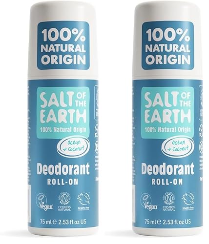 Salt of the Earth - Natural Deodorant Roll On - Ocean & Coconut - Vegan Formula with Effective Long-Lasting Protection, Made in the UK - Suitable for Men, Women & Kids - 75ml (Pack of 2)