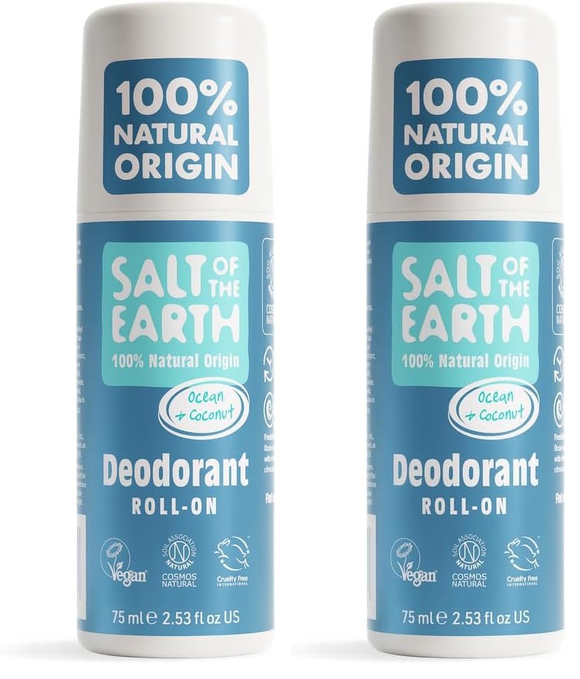 Desodorante natural en roll-on Salt of the Earth - Océano y coco - Vegano, certificado por Leaping Bunny, fabricado en el Reino Unido - 75ml (Paquete de 2)