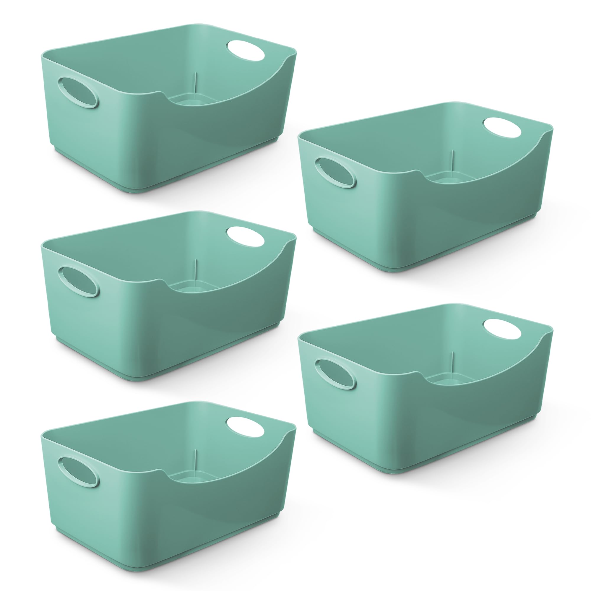 KEPLIN 5 Pack Plastic Studio Baskets with Sturdy Handles, Multi-Purpose Organiser Boxes for Home Kitchen & Bathroom