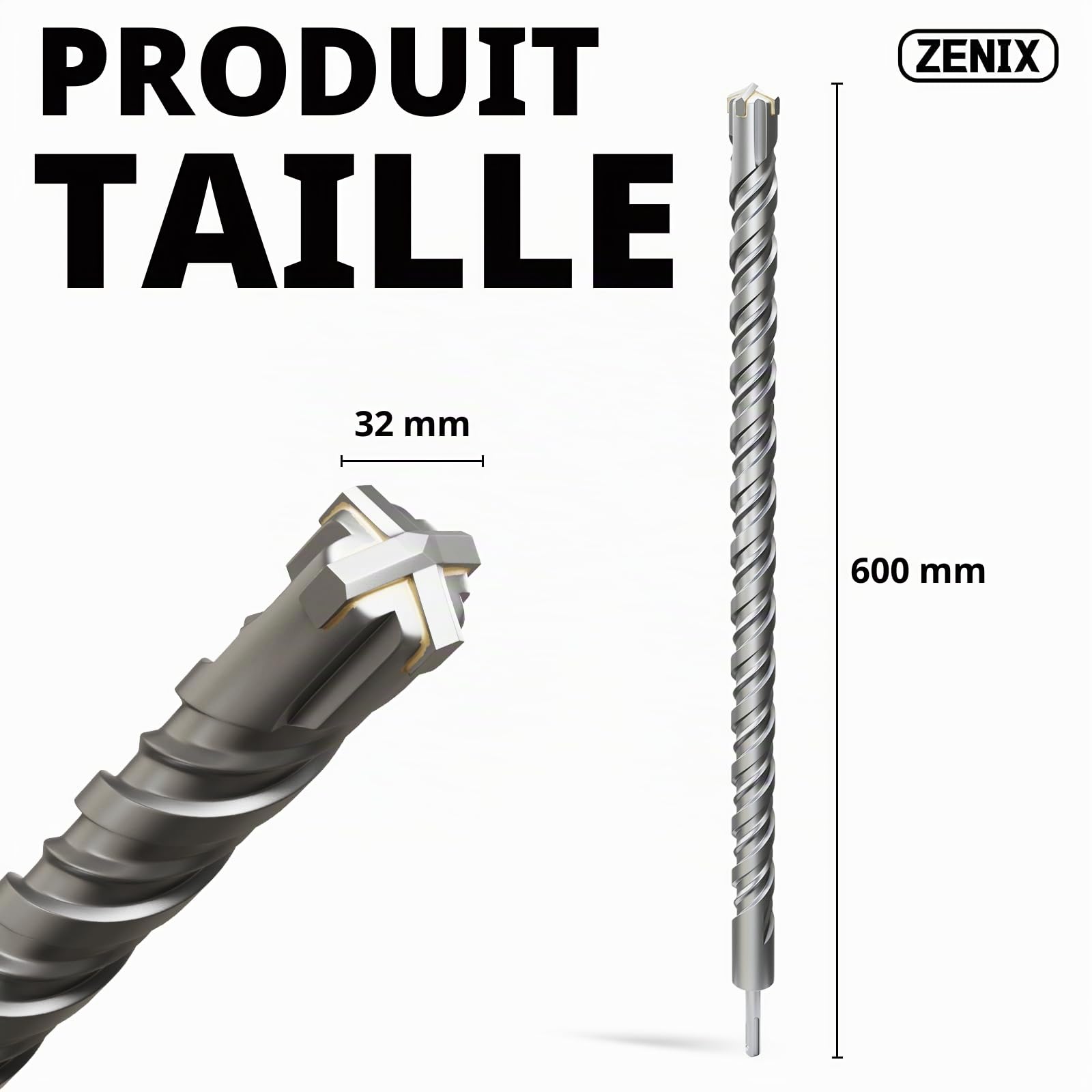 ZENIX Foret SDS Plus 32 x 600 mm – Foret à béton professionnel avec 4 tranchants – Idéal pour la pierre, la pierre naturelle, le mur de brique et le béton armé