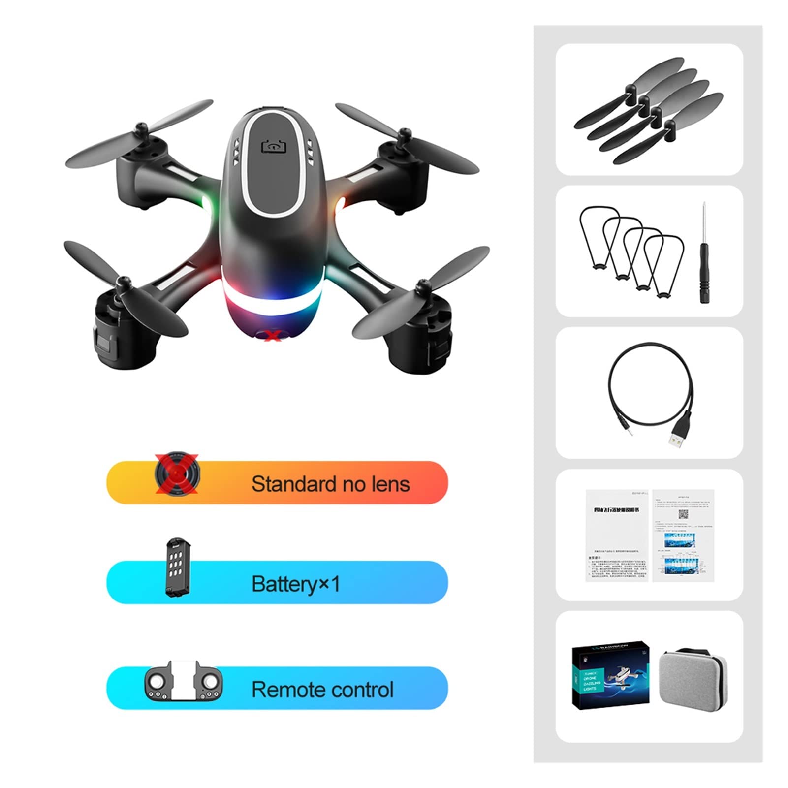 Składany dron Quadcopter Rainbow Mini Drone 720P Przepływ optyczny 2.4G WiFi FPV RC Quadcopter 480P Helikopter z chwytem wysokości dla dzieci Dron (Kolor : NoCam 1B Rozmiar torby : 1) (Biała torba