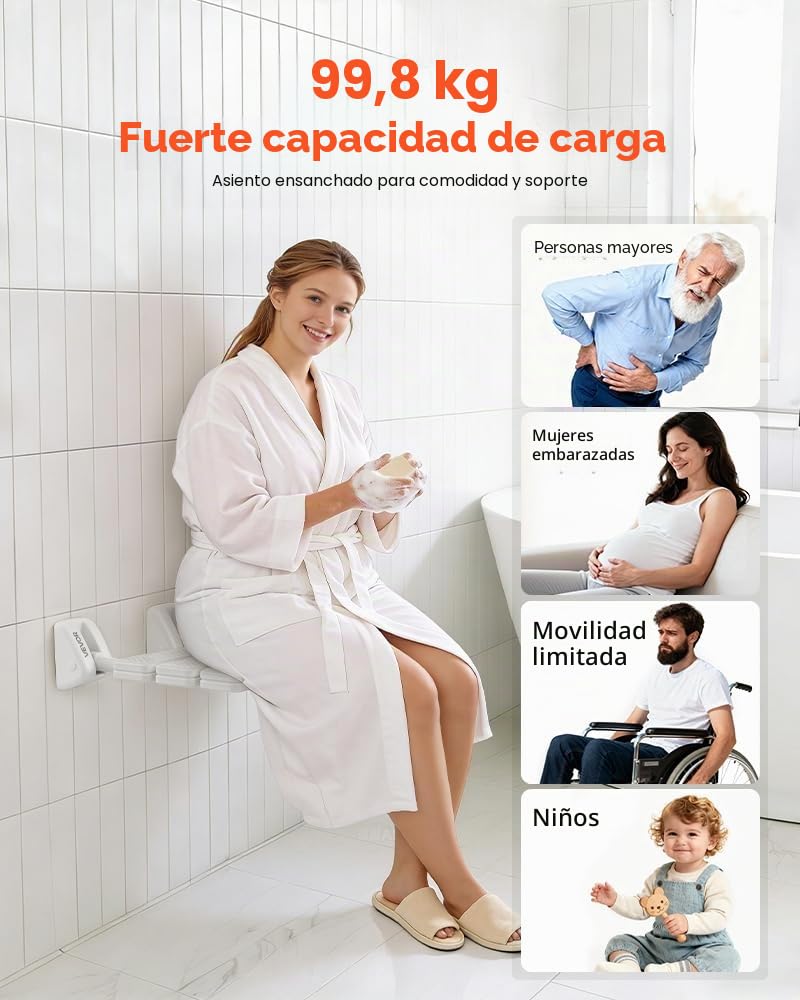 VEVOR Asiento de Ducha Abatible de PP, Silla de Ducha Plegable Montaje en Pared con Marco de Aleación de Aluminio, Taburete de Baño con Capacidad de Carga de 100 kg, para Adultos, Mayores, Blanco