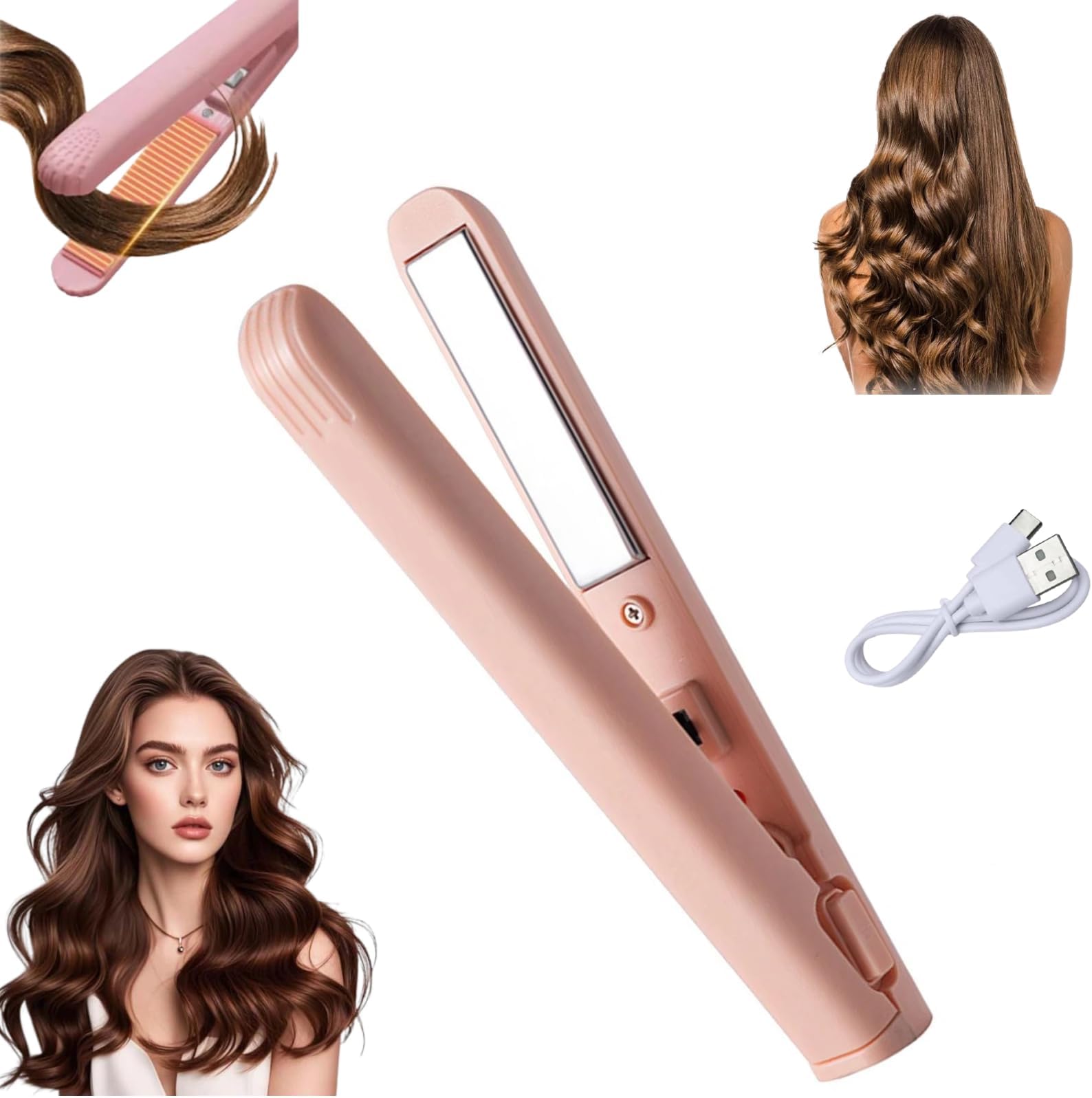 2-in-1 Mini Curling Iron, Dual Purpose Mini Curling Tongs for Short Hair, Portable Iron Hair Straightener Fast Heating Mini Curler Iron for Short and Long Hairs All Hairs Types (Pink)