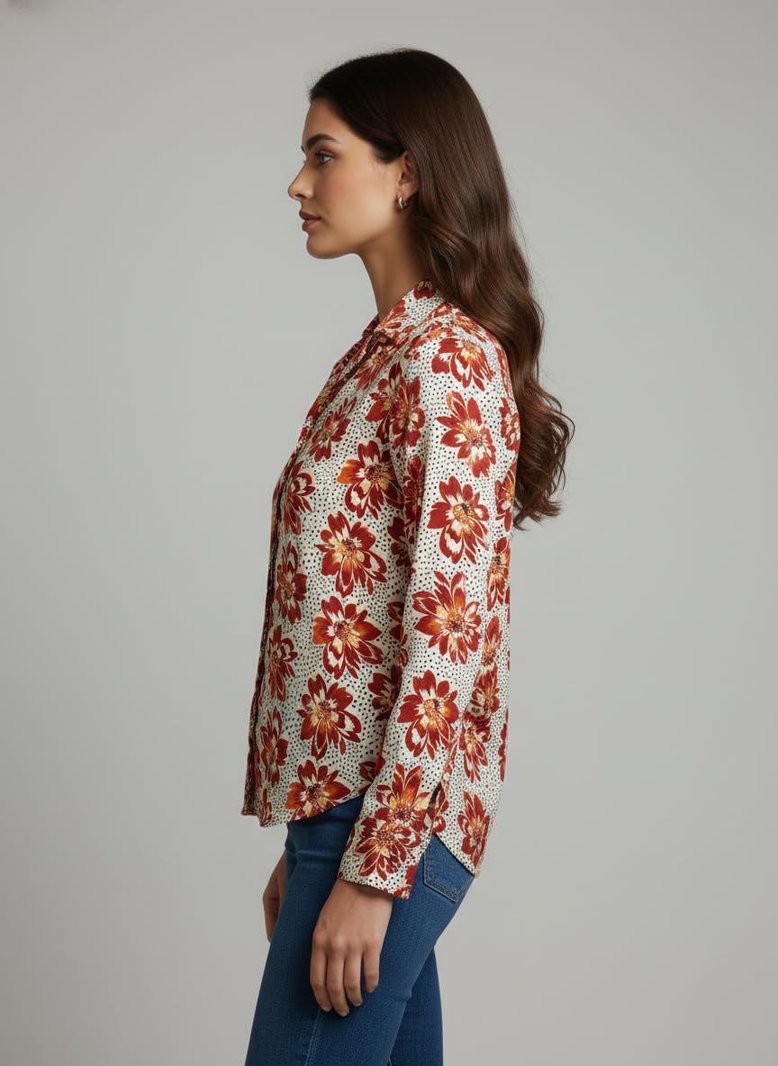 ANNI Designer Bedrucktes Damenhemd aus Baumwollmischgewebe, langärmelig, normale Passform, Hemdkragen, legere Bürokleidung, elegante Western-Kleidung für den Alltag, Hochzeit, Party