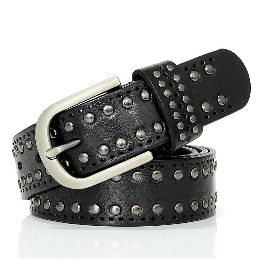 Cinturón de piel auténtica con remache punk para mujer, cinturón vintage de piel de vaca para jeans