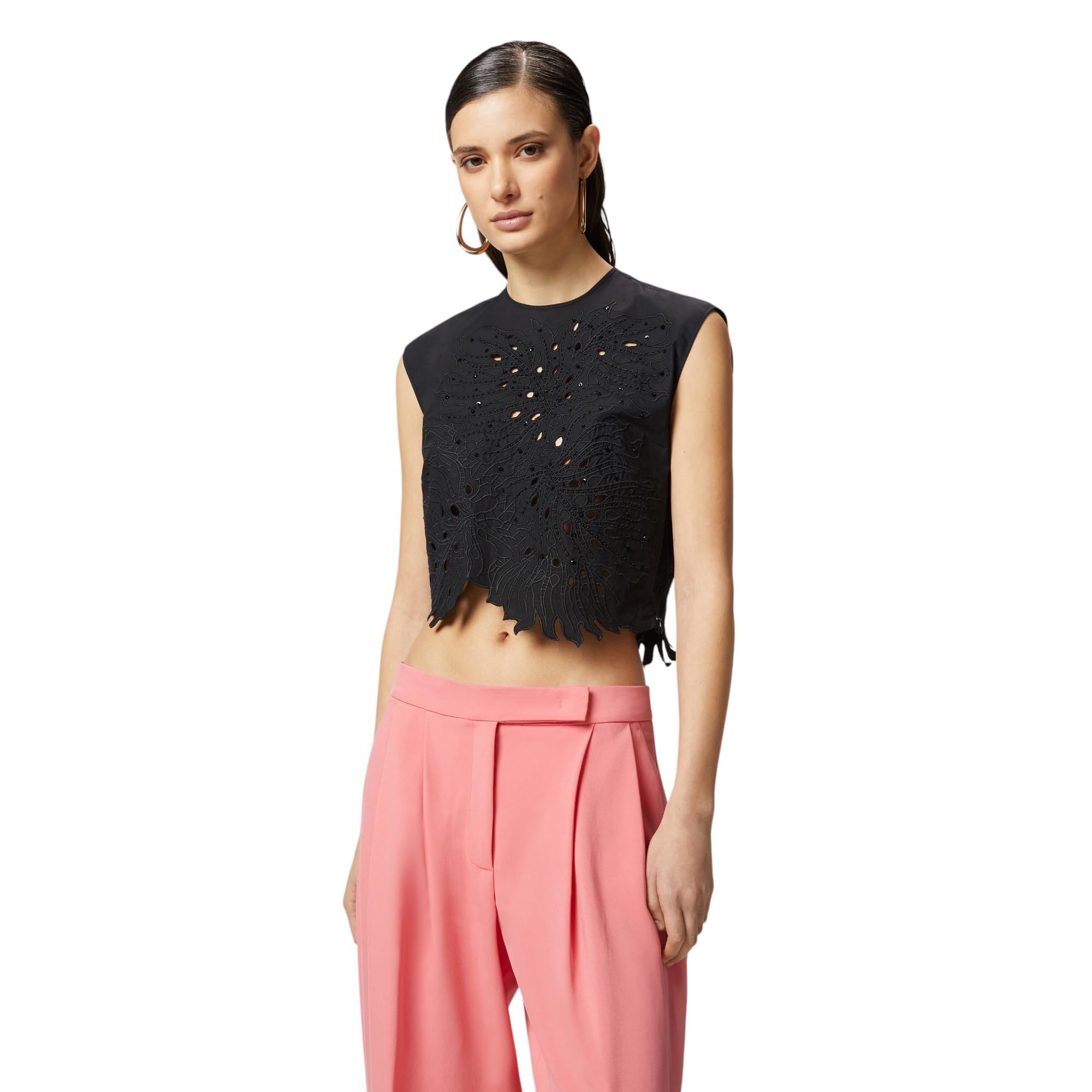 Pinko black top with Sangallo embroidery