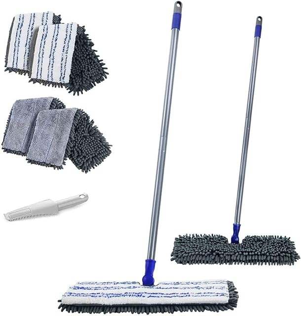MASTERTOP Flat Mop, Microfibre Floor Mop with 4 Reusable Double-Sided Pads, Wet Dry Mop for Laminate Hardwood Tile Floor Cleaning - Send 1 Scraper