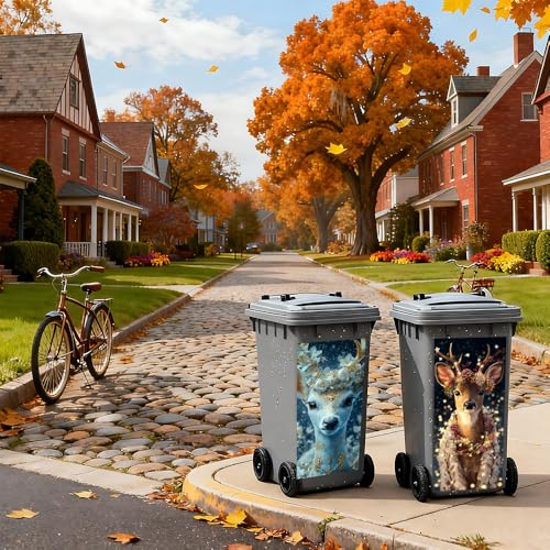 Image of 2 PC Trash Can Sticker 14.57 x 32.28 Inch Reindeer Christmas Vinyl Sticker with Floral Wreath Gold Detail Forest Light for Outdoor Garbage Bin Garden Yard Driveway Decor