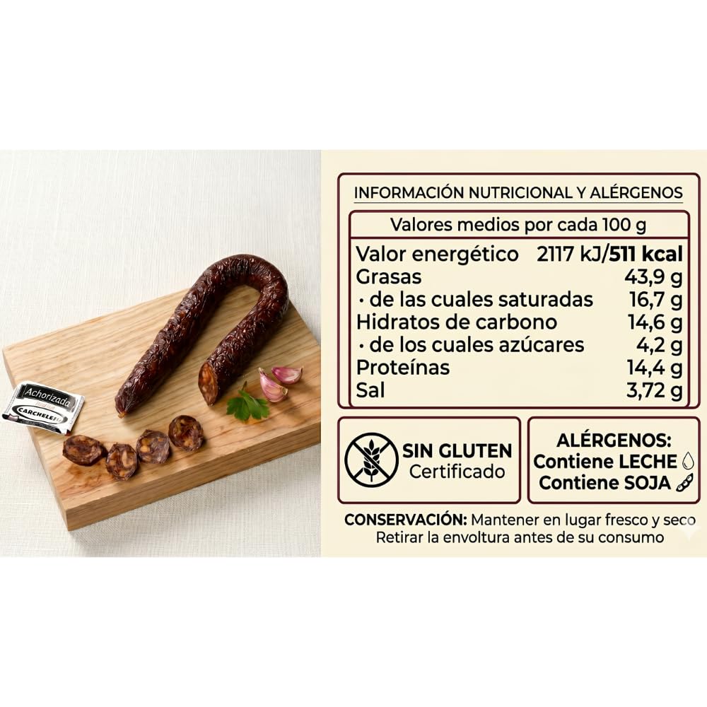 Morcilla Ibérica Achorizada 350g – Achorizada Ibérica Tradicional de Jaén con Cerdo Ibérico y Pimentón – Embutido Curado Sin Gluten – Pieza en Herradura – Ideal Tapas, Plancha y Guisos