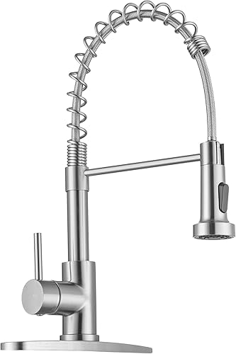 WEWE Grifos de cocina, grifo de cocina de níquel cepillado con rociador desplegable, grifo de fregadero de cocina de acero inoxidable con mango