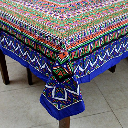 India Arts Handmade Cotton Geometric Mandala Floral Tablecloth Round Beach Sheet Beach Throw (Blue Orange, Square 70 X 70 Inches) #TOP1