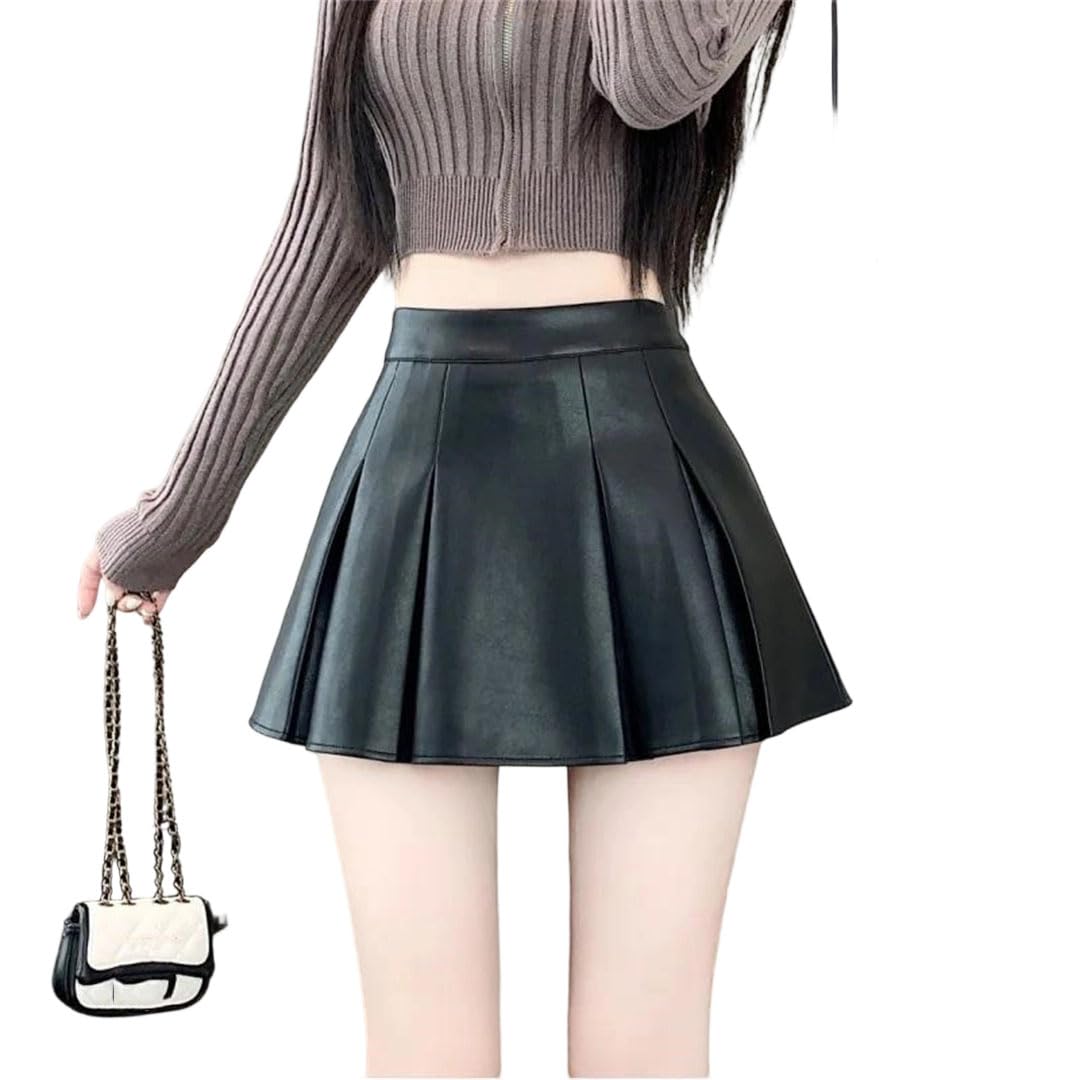 Womens High Waist Pu Leather Pleated Mini Skirt Design Sensation Slimming A- Line Short Skirt Korean Style