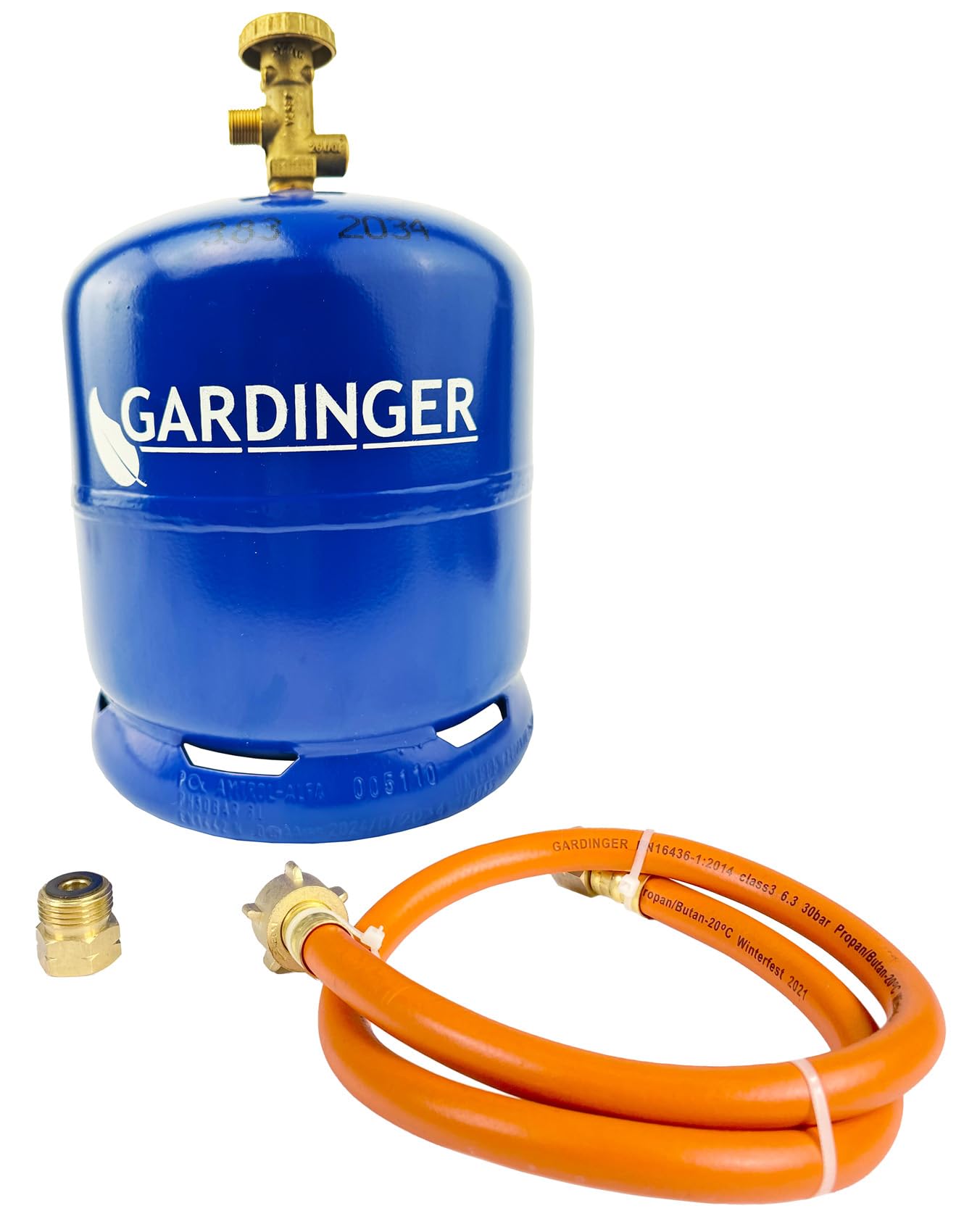 GARDINGER Aktionsset leere befüllbare 2,5 kg Propangasflasche Profill mit Sicherheitsventil Adapter Umfüllschlauch (Alternative zur GAZ R907)