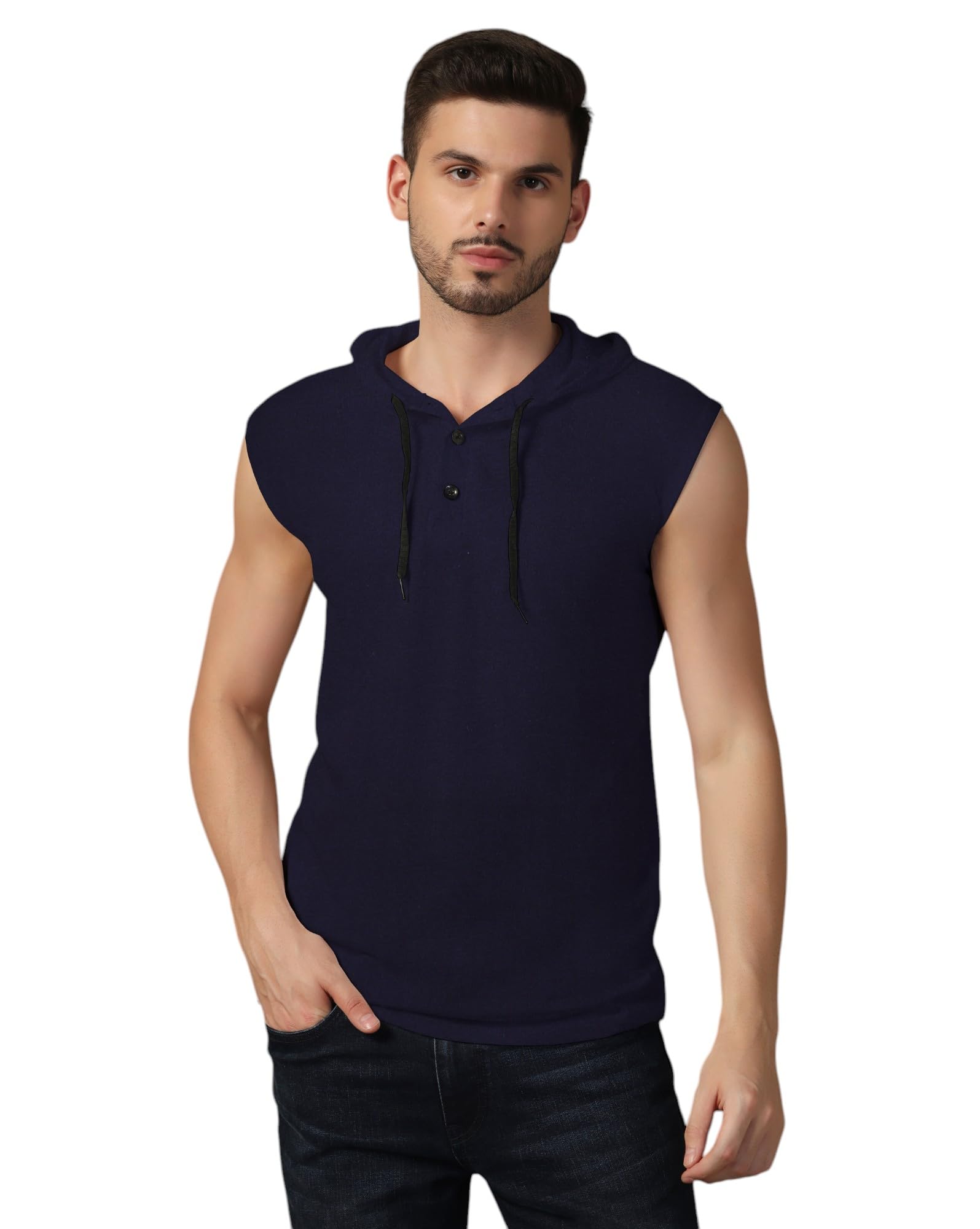 men's sleeveless hoodie t-shirt with button placket | casual gym & summer wear hooded tank top