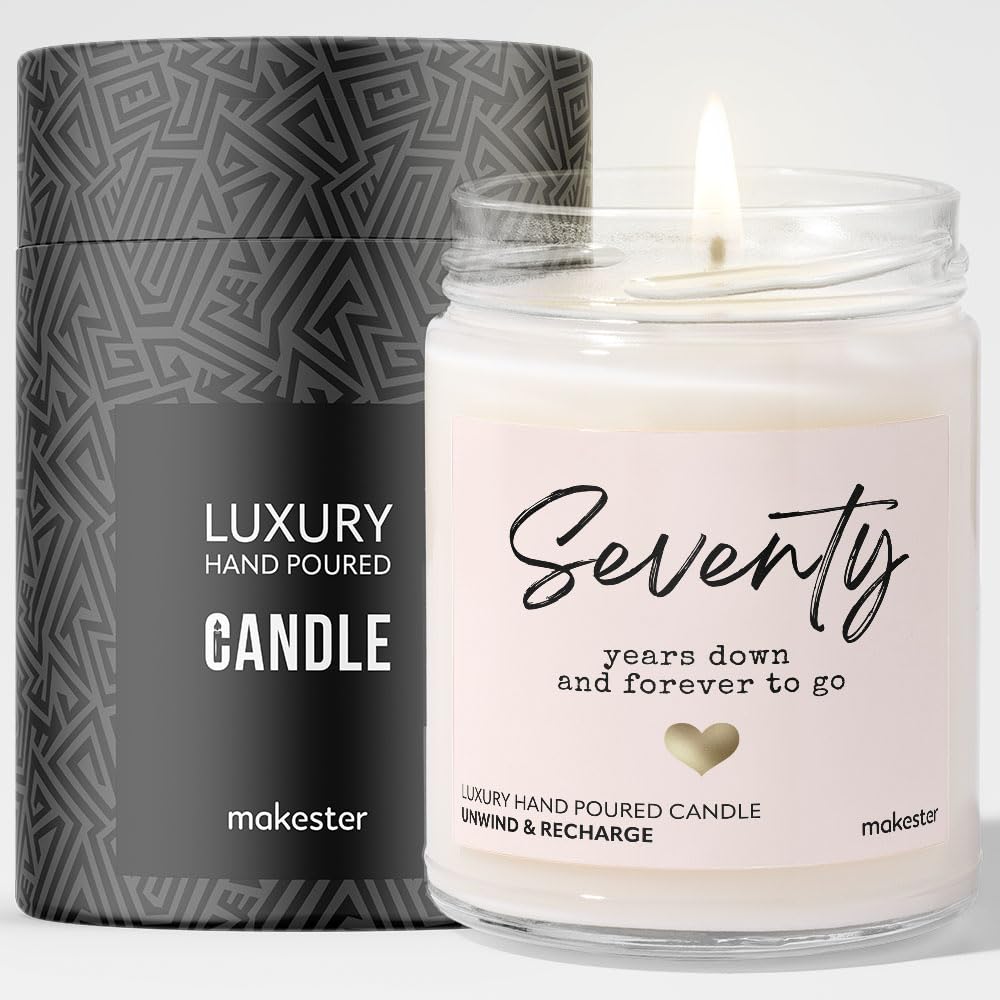 Makester White 70Th Wedding Anniversary Candle Gift - Luxury Soy Wax - Vanilla, Jasmine, Sugared Almond