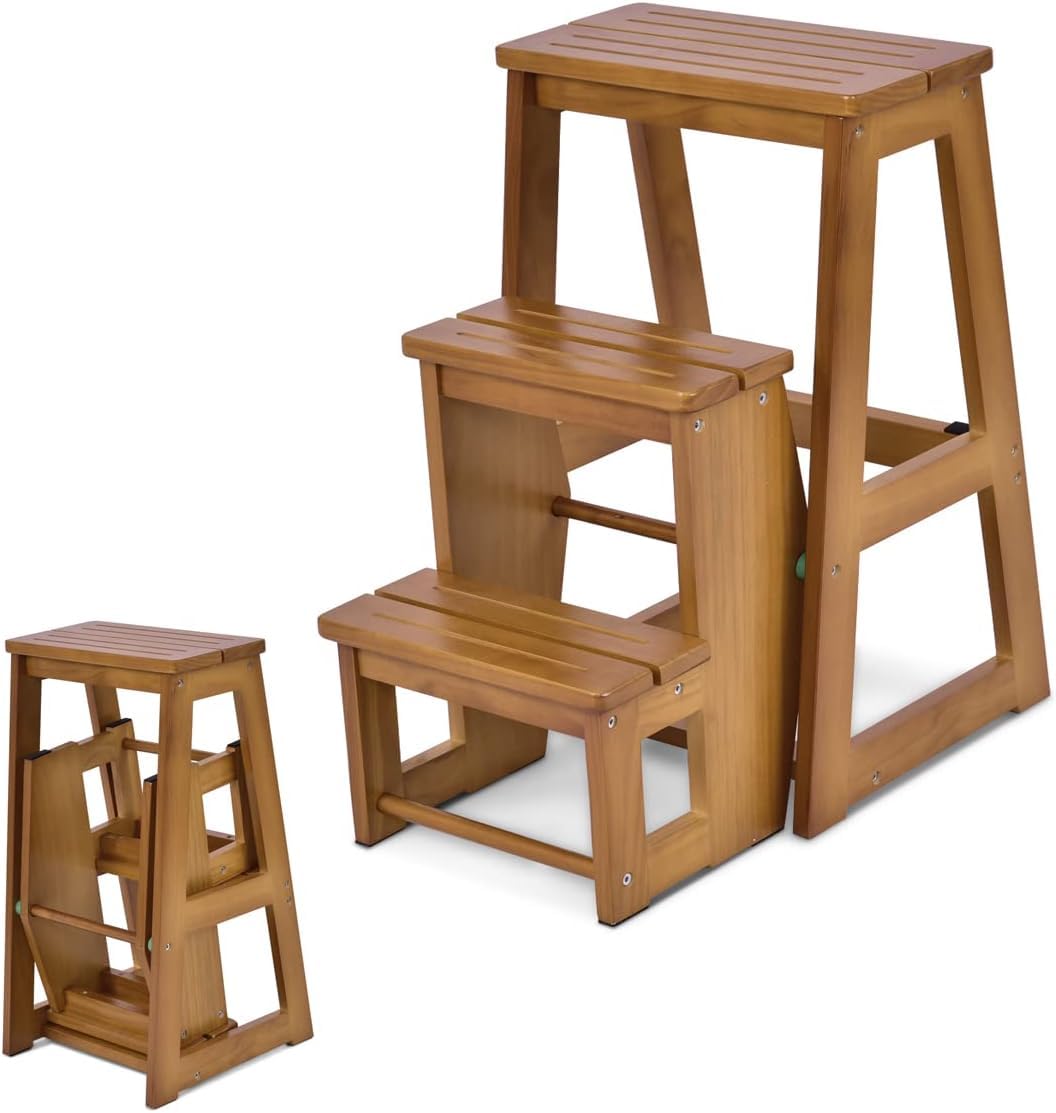 RELAX4LIFE 2 en 1 Taburete Plegable de 3 Peldaños de Madera de Pino, Taburete Escalera Multifuncional con 6 Almohadillas Antideslizantes para Cocina, Dormitorio y Tienda, 38,5x57x66cm (Marrón Claro)