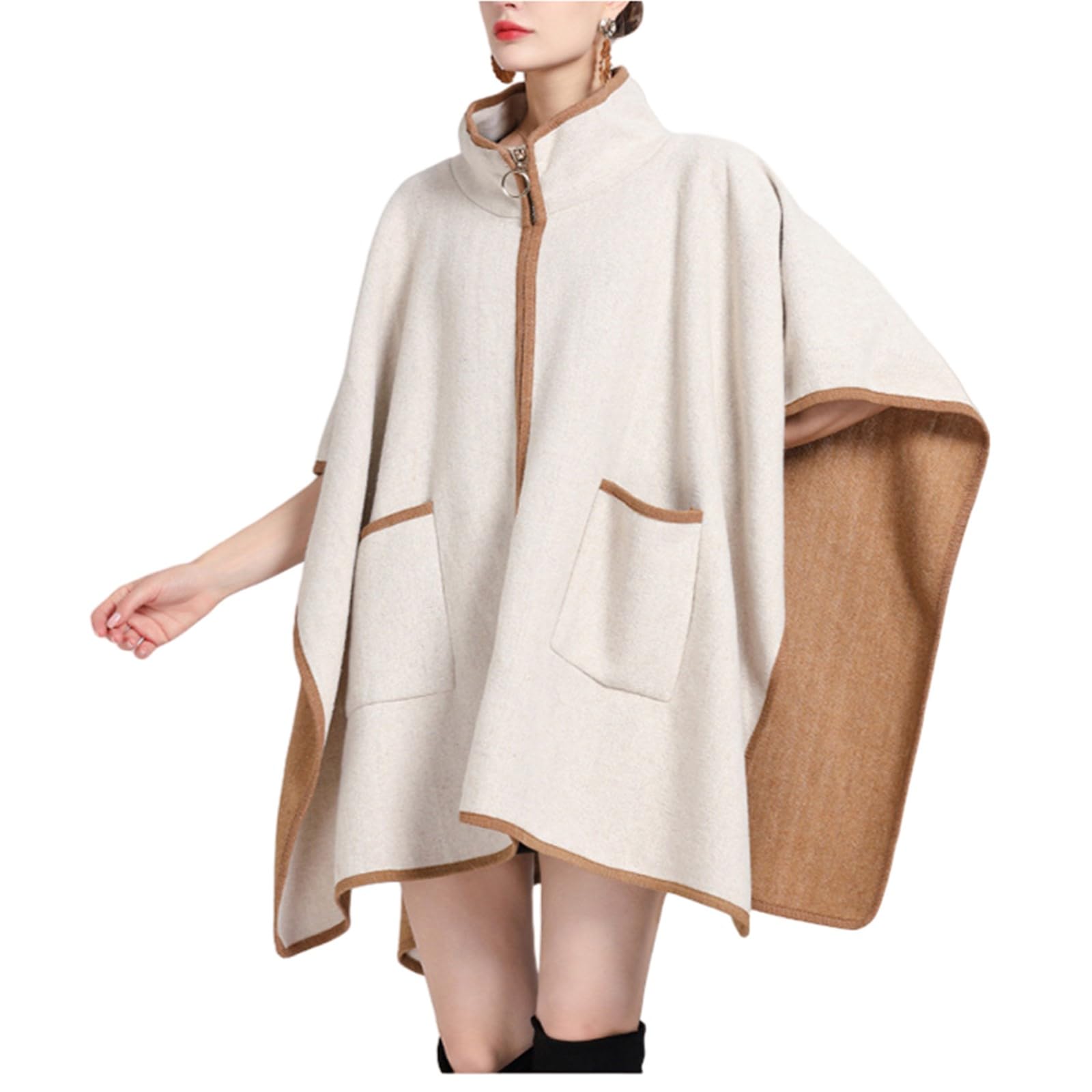 Retro Moda Poncho Cape per Le Donne Color Block Boho Scialle Avvolge Cappotto Stand Collare Aperto Poncho Anteriore