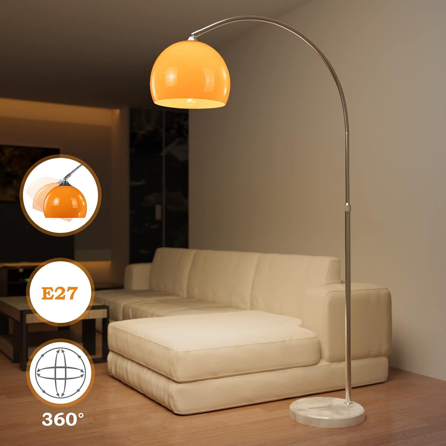 Jago® Lampadaire sur Pied - Réglable en Hauteur, avec Arc, Pivotant, Économe en Énergie avec 60W (avec Ampoule Standard E27) ou 8W (avec Ampoule LED E27), Blanc - Lampe de Salon, Intérieur