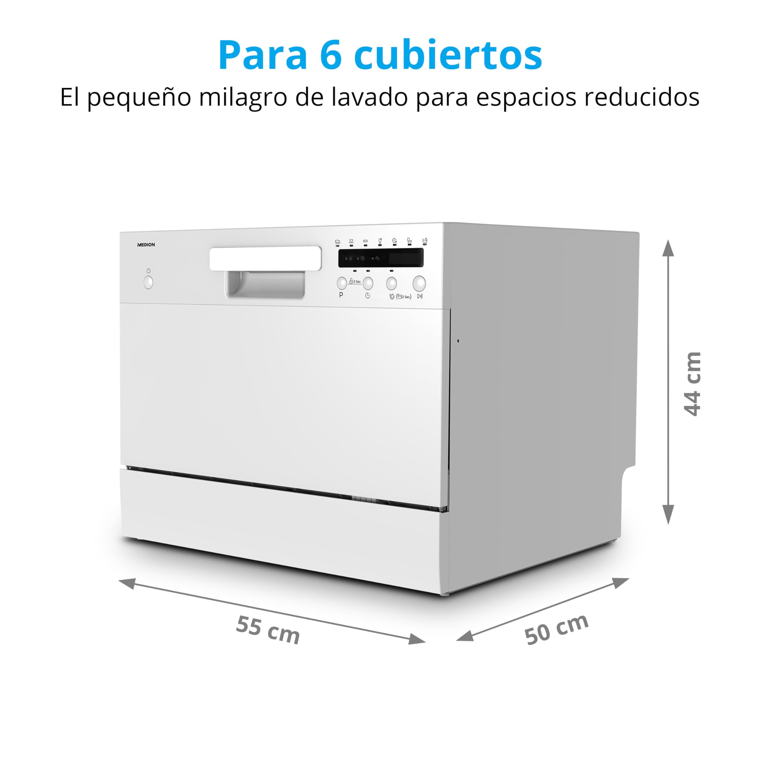 MEDION Lavavajillas de mesa DWT60 (capacidad 6 cubiertos, 7 programas, programa ECO, consumo aprox. 6,5 litros, AquaStop, pantalla LED, bloqueo para niños, MD37496) plata