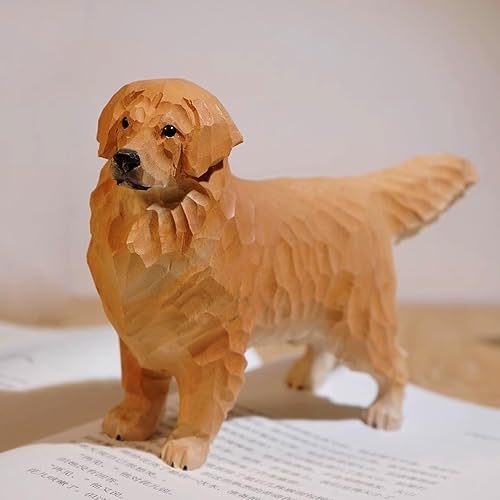 Golden Retriever Figurine Handmade Carved Wooden Dog Statue, Cute Golden