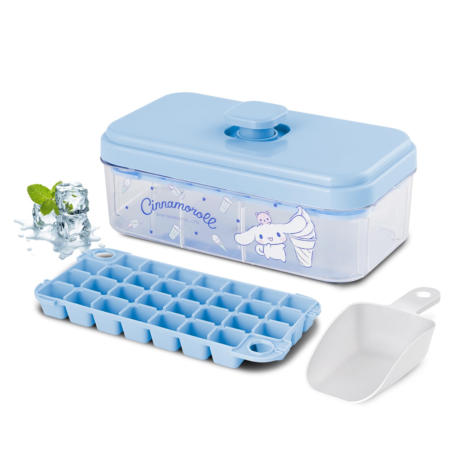 Cute Cartoon Ice Cube Tray with Lid and Bin Press and Easy to Release Ice Cube Trays for Freezer 30 refreshing Ice Cubes Ice Molds for Fruits, Soda, Cocktails, Whiskey, Iced Coffee and Wine (Ice-CIN)