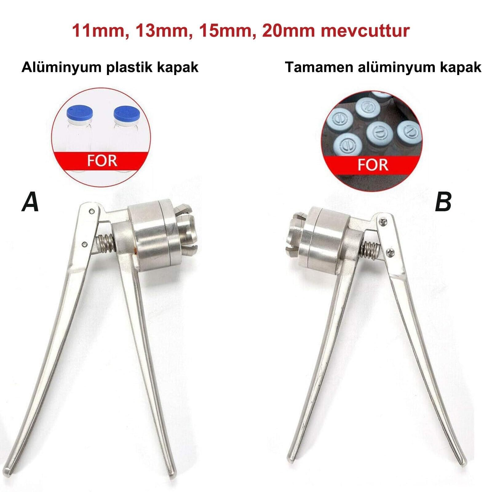 Tapón manual para botellas pequeñas, cierra tapas de 11-20 mm | Construcción de aluminio y acero inoxidable. Sella sin dañar la boca ni la tapa. Para laboratorios(A,15mm)
