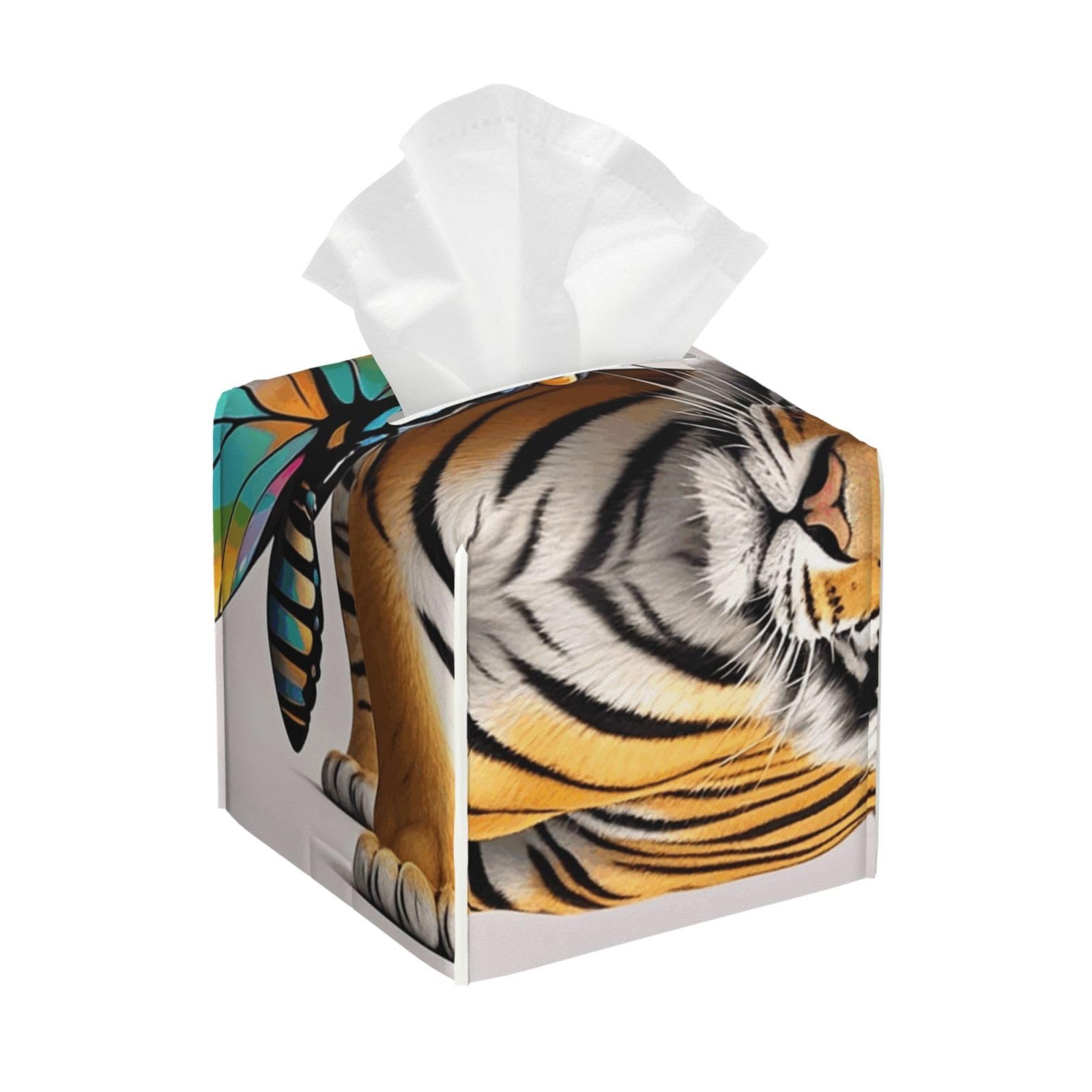 Pu Leather Cube Tissue Box Holders Modern Waterproof Square Tissue Box Cover Butterfly and Tiger Facial Paper Holder for Bathroom Kitchen Nightstand Office Home Decor