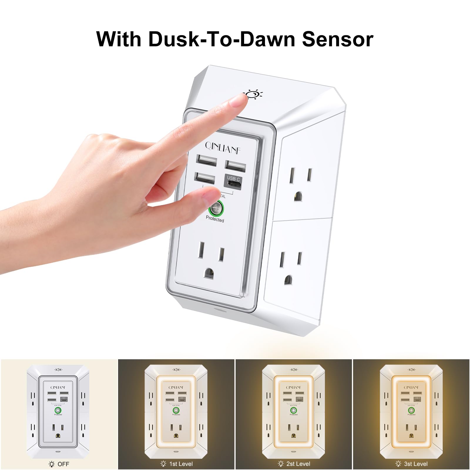 QINLIANF - Regleta de protección contra sobretensiones de 3 lados, enchufe múltiple con 5 extensores de salida y 4 puertos USB (1 USB-C) y luz nocturna, cargador de pared USB para el hogar, oficina