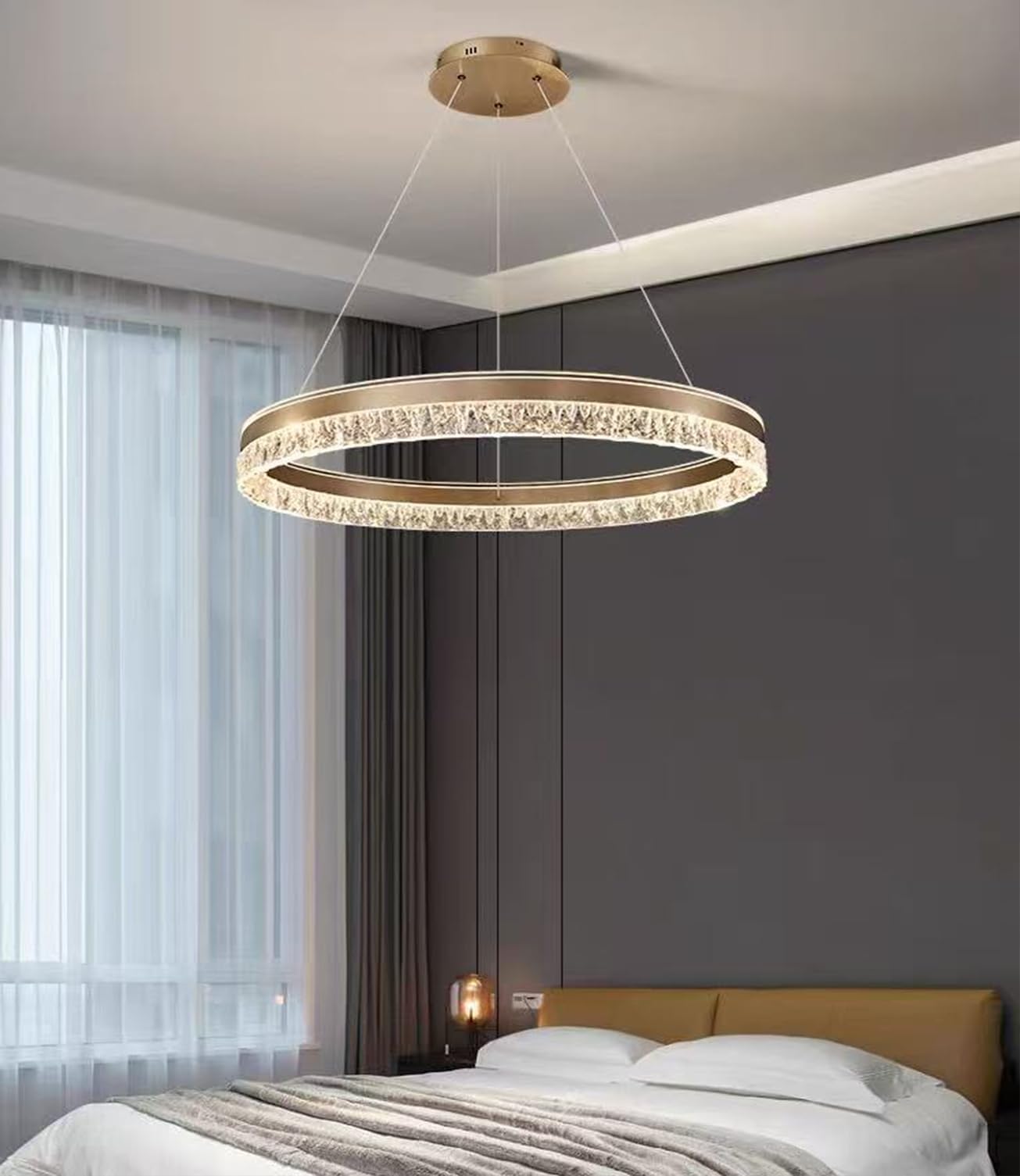 LED Ceiling Pendant Light for Kitchen Island, Dimmable Modern LED Round Chandelier Adjustable Height, Remote Control, Hanging Lighting Fixture for Dining Room, Living Room Lamp (Gold, 60cm)