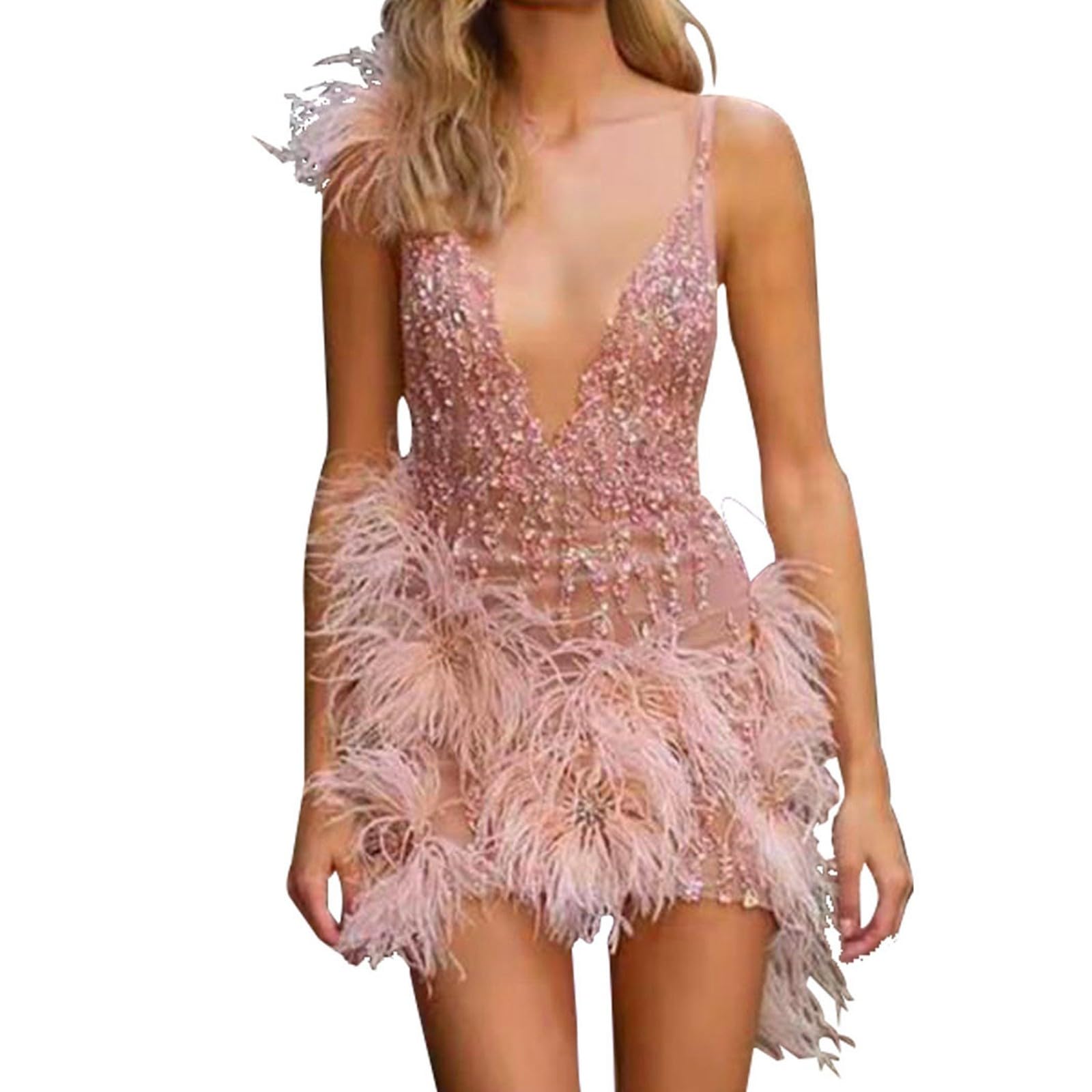Abito da festa da donna con piume, sexy, abito da ballo, corto, con scollo a V, abito da cocktail da donna, elegante, con temperamento radioso, da donna, slim fit, mini abito a tunica