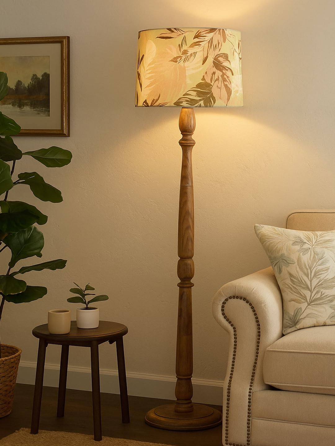 Decorcity Rustic Walnut Brown Wood Floor Lamp with Multicolor Fabric Shade Antique Style Bedside, Living Room, Bedroom, Corner, Light Décor (Candlestick Palm Leaf)-image-23