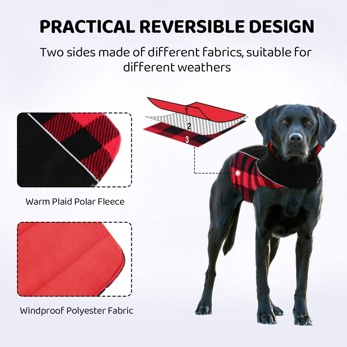 CITÉTOILE Cappotto per Cani Antivento, Giubbotto Invernale Cane Reversibile di Taglia Piccola/Media/Grande, Giacca Gilet Invernale Cane con Foro per Imbracatura, Riflettente, Rosso, M
