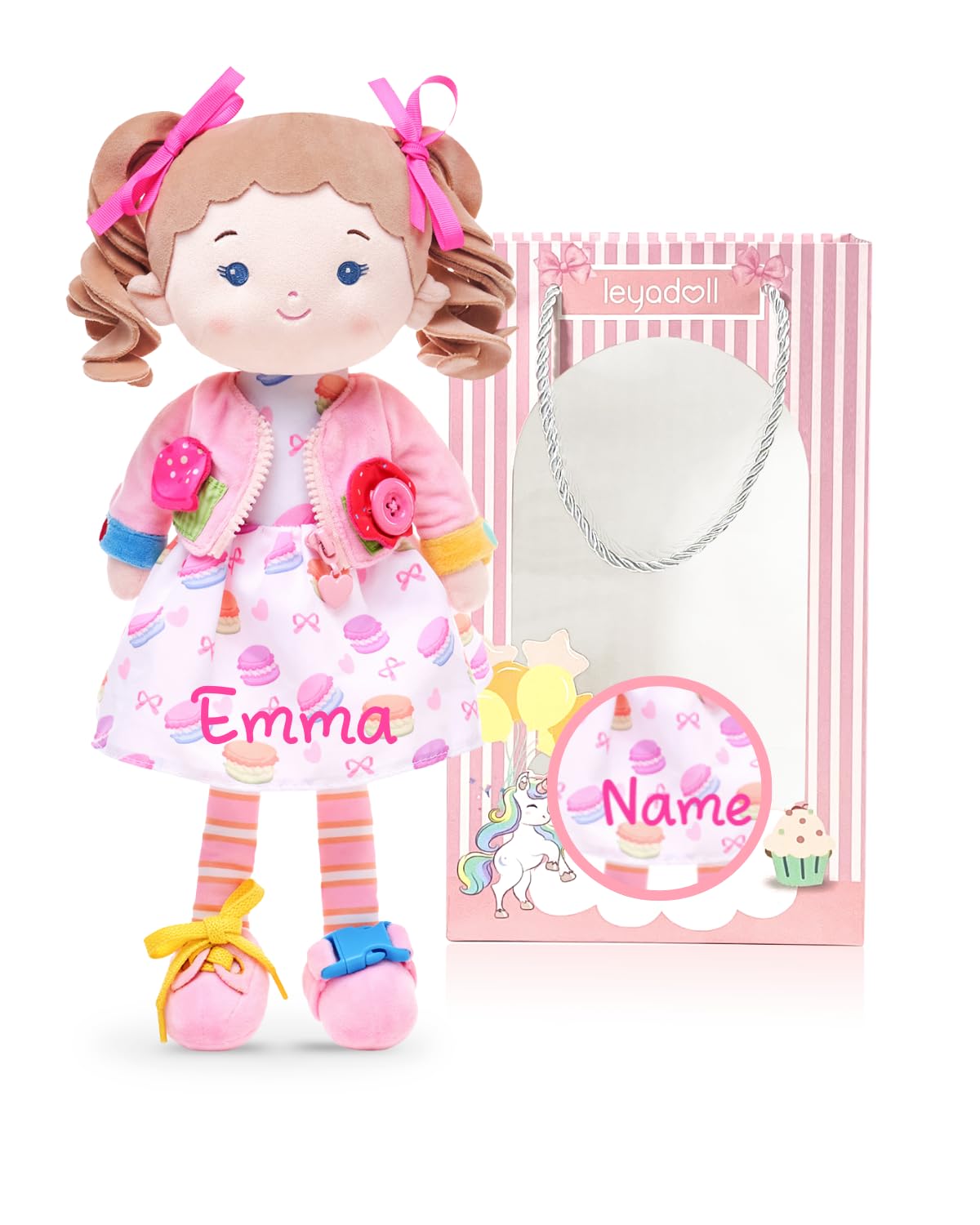 LeyaDoll Personalized Learning Sensory Soft Baby Doll, Montessori Toys for 2-Year-Old Girls Christmas, Birthday Gifts, Plush Doll with Zipper, Shoelace, Button - Busy Flora Girl - Busy Cupcake-Girl