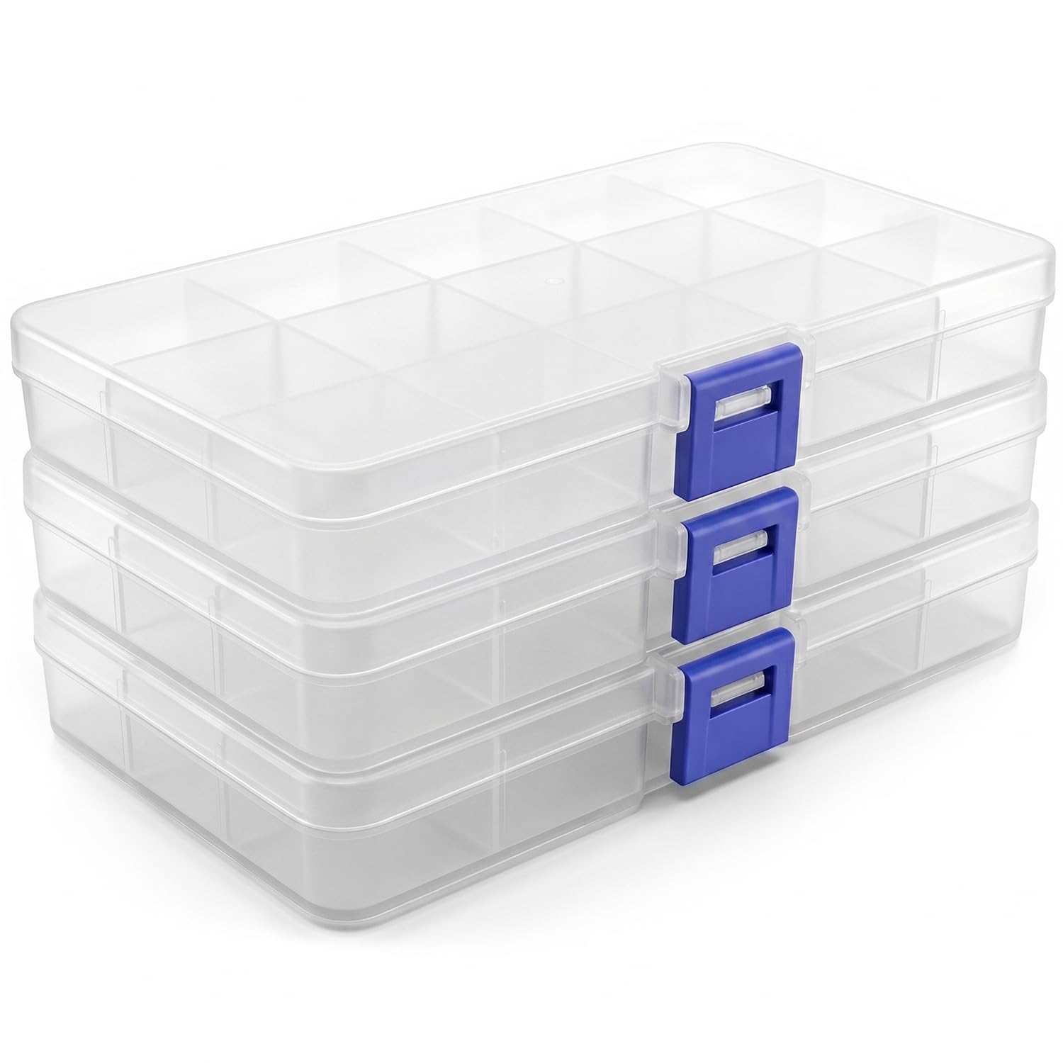 QWORK® 3 Pack Bead Storage Box 17x10x2.2cm, 15 Grids Plastic Organiser Box – Clear Jewellery Case with Secure Latches for DIY Crafts, Screws & Fishing Tackle