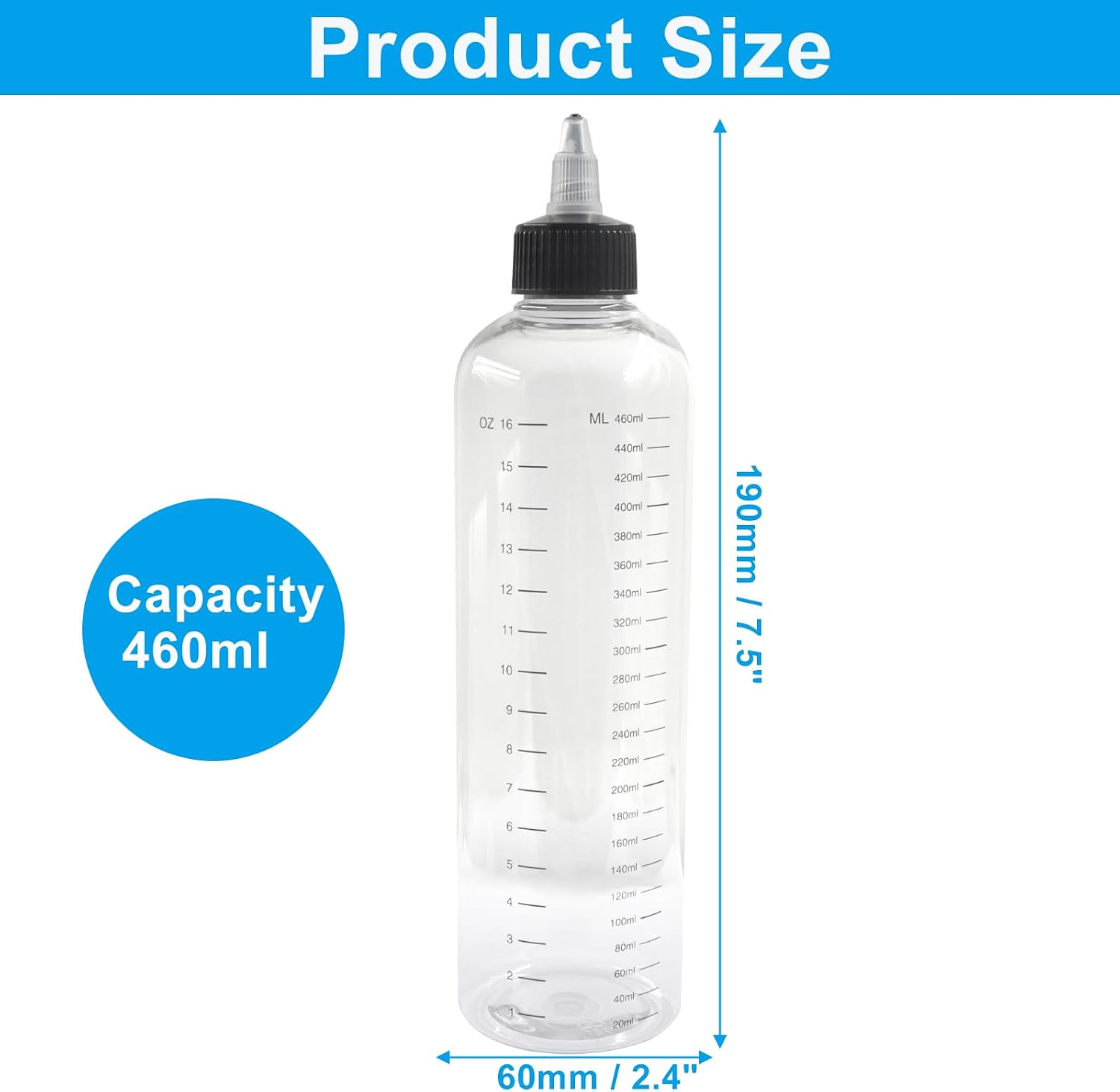 2Pcs Hair Dye Applicator Bottle, 16.9oz Measured Twist-On Top Tip Cap Hair Color Squeeze Bottle 460ml, Transparent Dyeing Tool for Hair Coloring/Salon Professionals