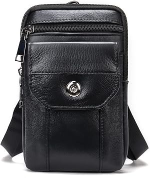 Leather Flip Phone Belt Case D Ring Hook Holster for Men Cell/Mobile Phone Hip Bum Waist Fanny Pack Coin Purse Wallet Pocket Small Shoulder Pouch Black