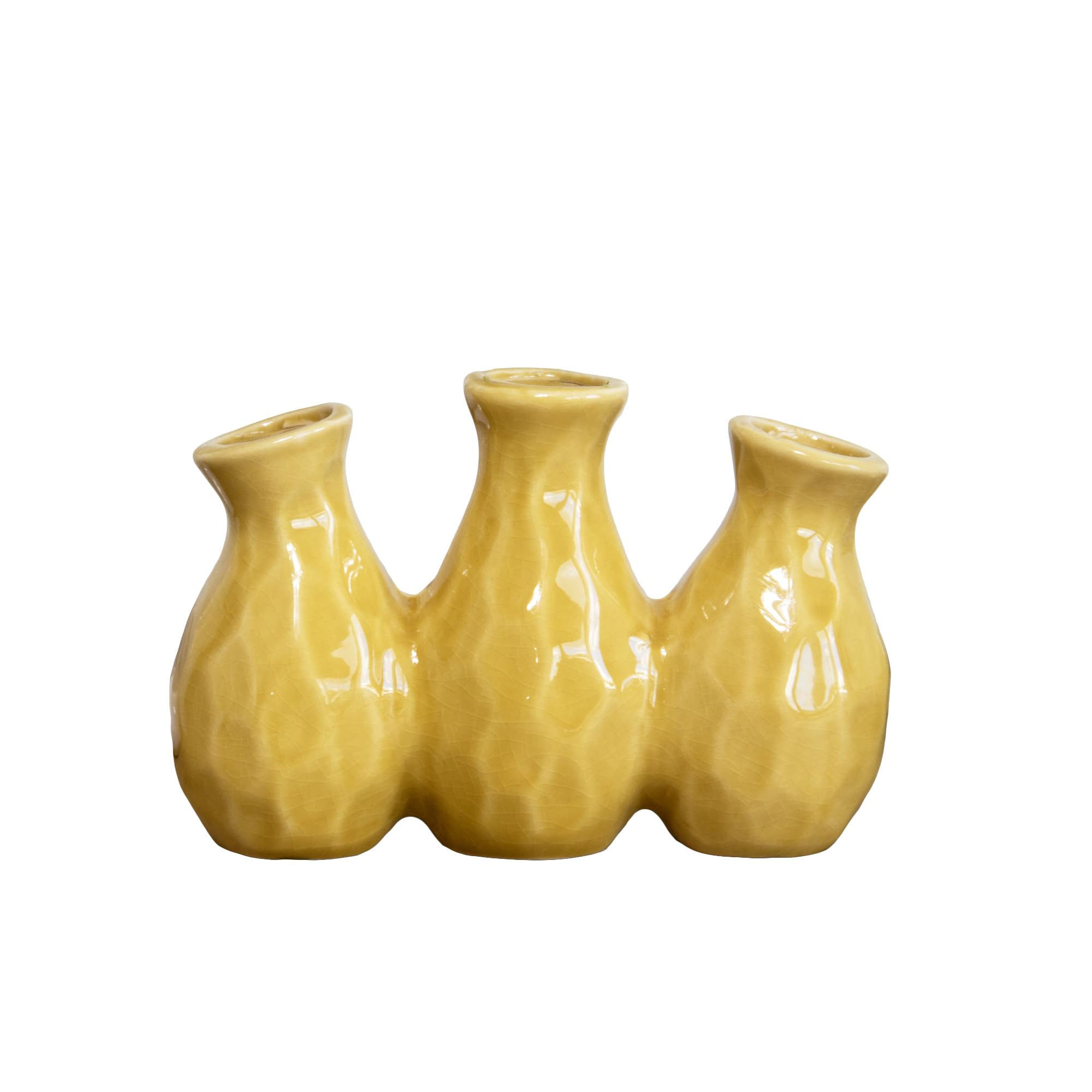 Ceramic Multi Bottle Bud Vase 19x12.5x7cm Crackle Glaze Mini Flower Stem Modern Decor Art (Yellow)