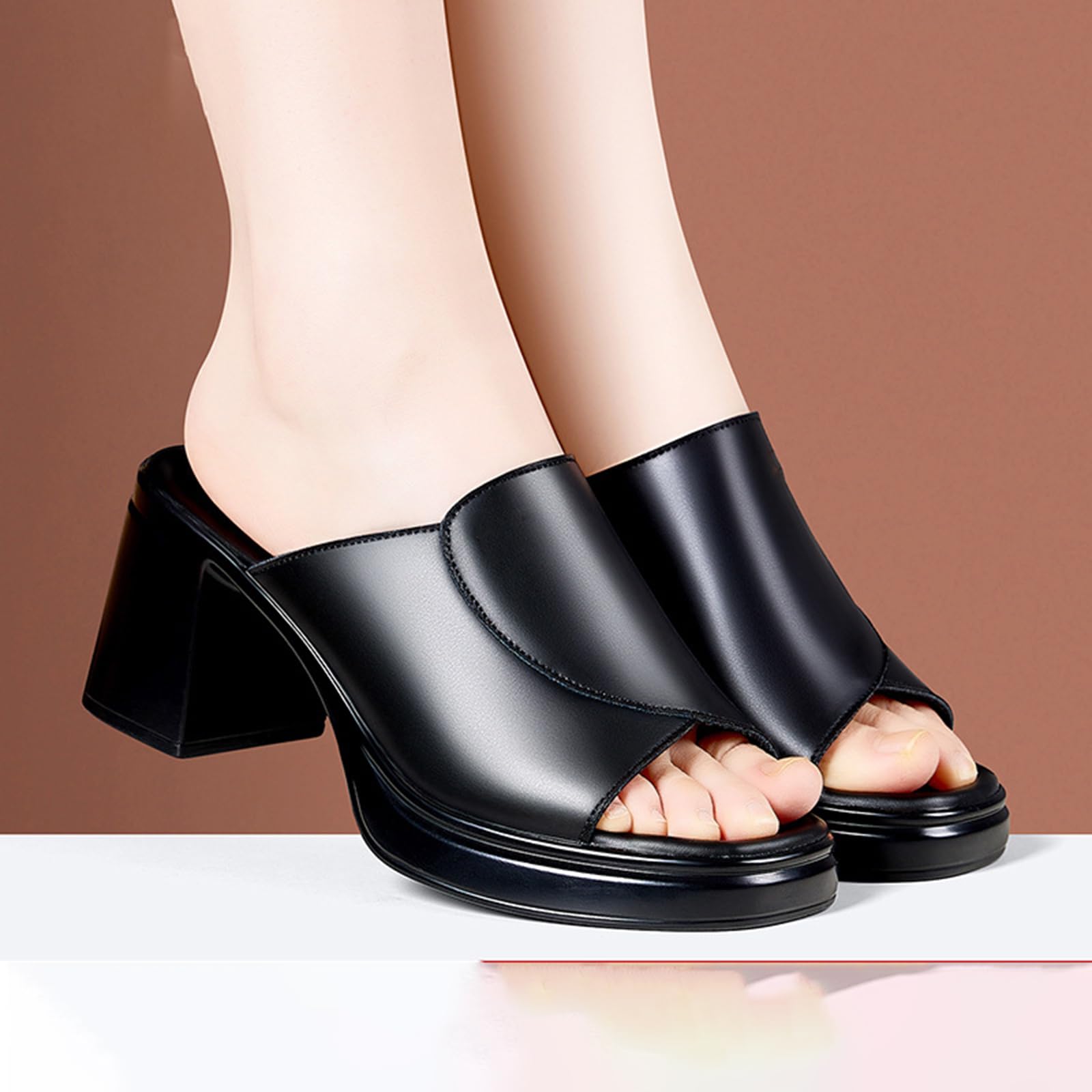 Mules con Plateau Donna in Vera Pelle - Sandali con Tacco Largo da 7,5 cm, Ciabatte Tacco Alto a Punta Aperta Scarpe Estive Eleganti Comode, Nero