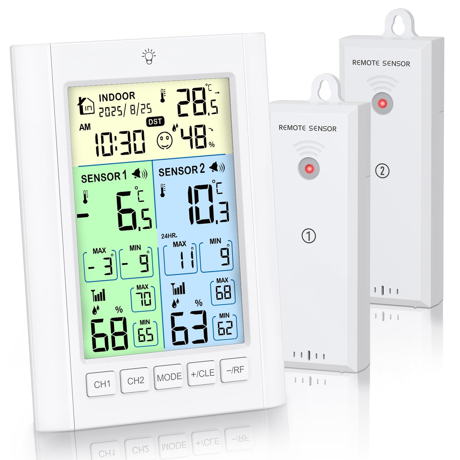 Termometro digitale per frigorifero, termometro per congelatore con 2 sensori, schermo a colori LCD con allarme, luce di fondo, max/min, calendario del tempo, DST, ℃/℉, modalità doppia