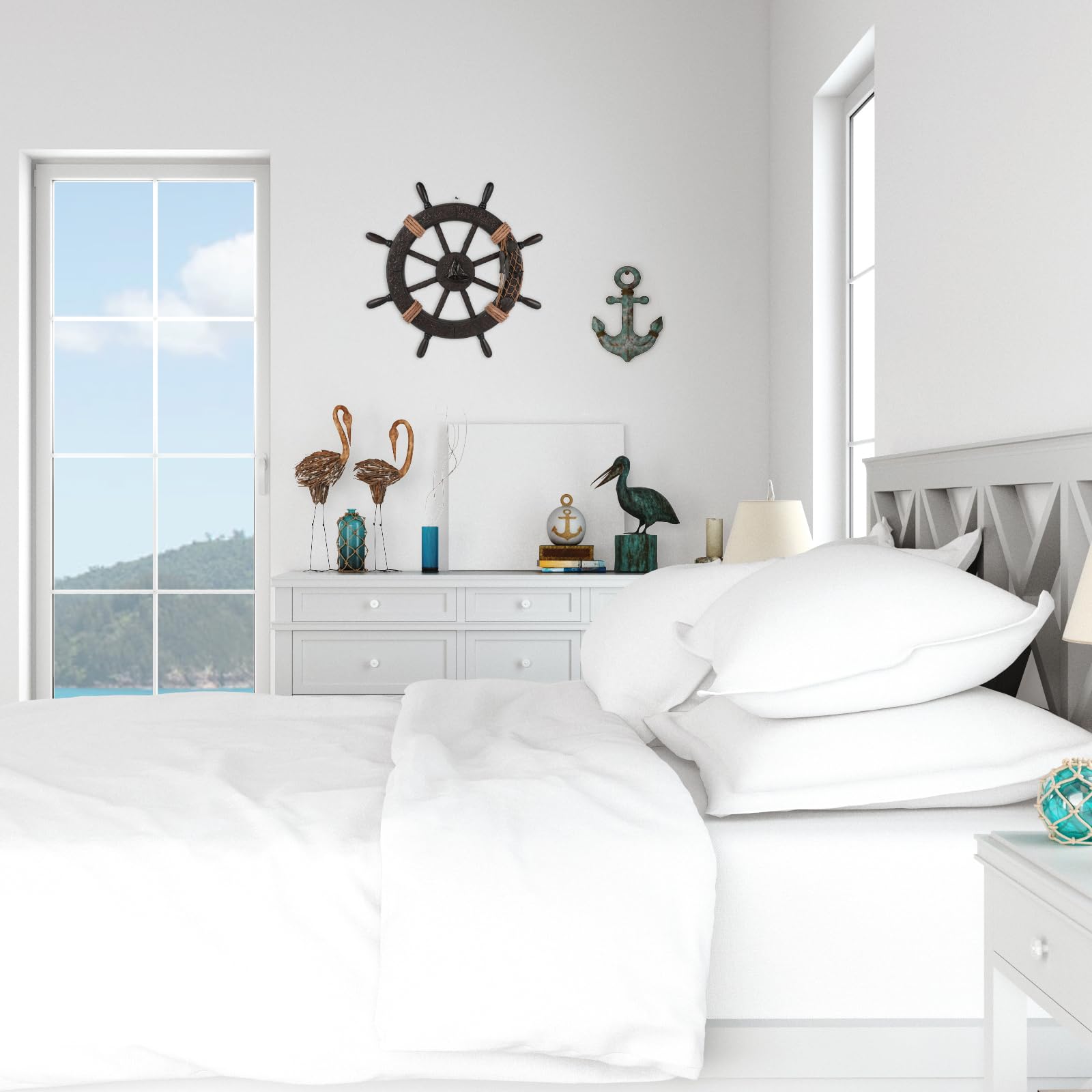 Garneck Timone In Legno Per Porta Mediterranea 17.7 Pollici Di Larghezza Timone Nautico Decorazione Da Parete Foto A Rete Decorazione Da Spiaggia Adatta Per Soggiorno Camera Da Letto