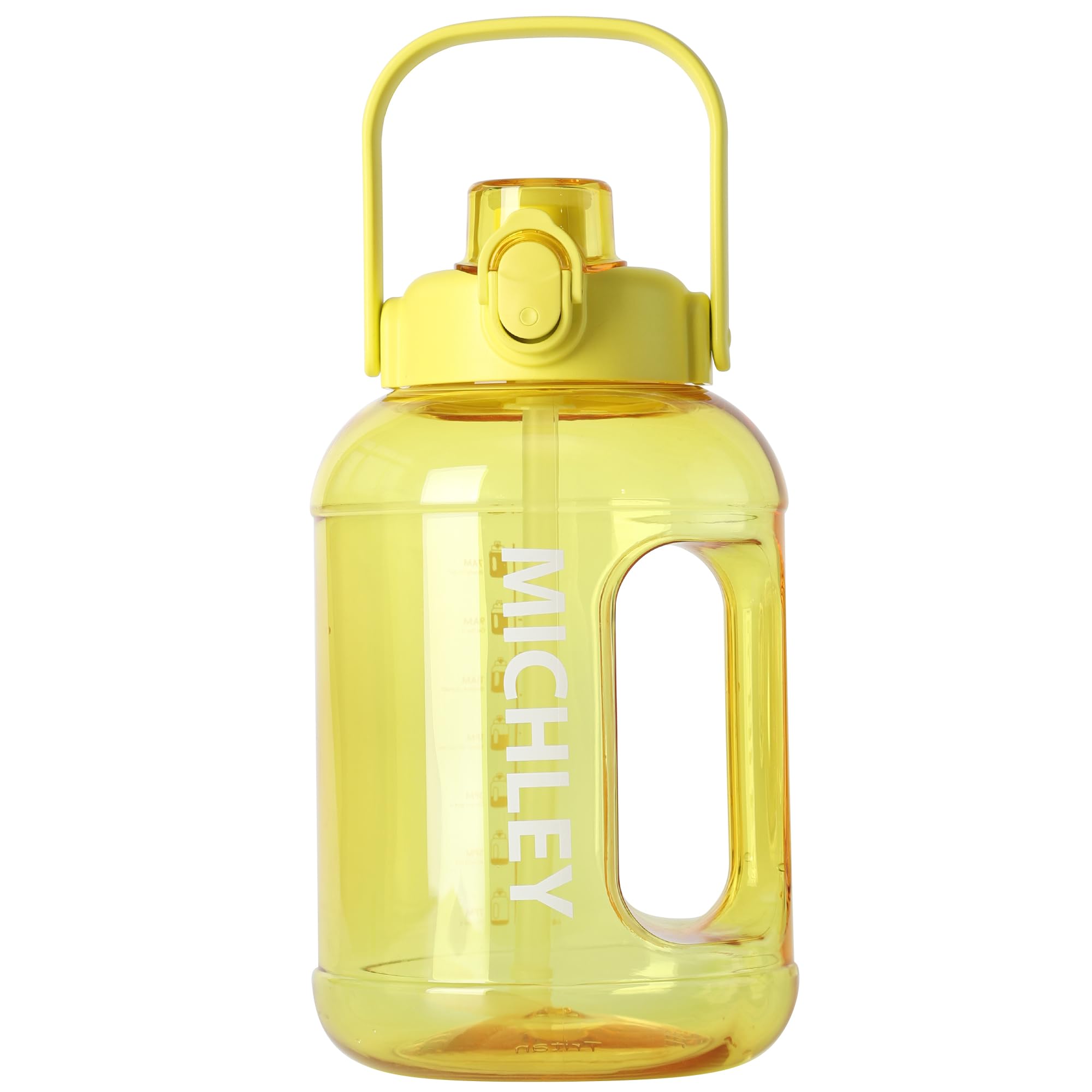MICHLEYMICHLEY Half Gallon Water Bottle with Straw,Times Marker 64oz Water Bottles Motivational Water Jug Large Size Sports Drinking Cup for Travel Gym Cycling (Yellow)