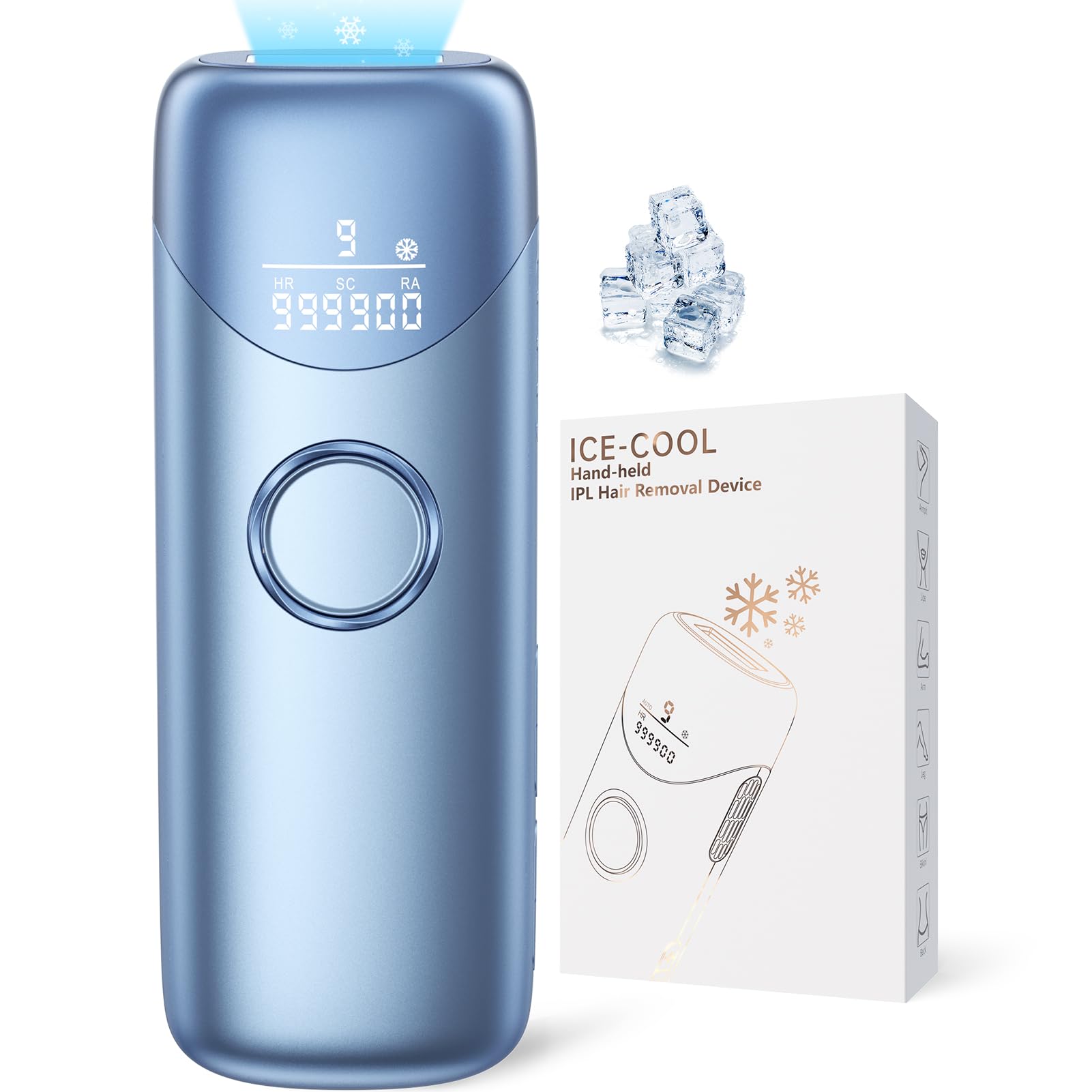 Depiladora Laser IPL con Función de Enfriamiento, Depiladora Luz Pulsada con HR/SC/RA, 600NM Onda de Luz Roja, 9 Nivel de Energía, Max 19.8J, 999.900 Flashes para Hombre, Mujer, Depilación Cuerpo Azul