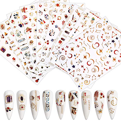 Metallic Nail Art Stickers Decals Designer Nail Stickers Nail Art Supplies 9 Sheets 3D Metallic Self-Adhesive Star Moon Lines Geometric Gold Design Manicure Fingernail Decorations