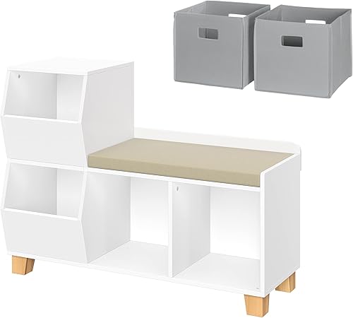 RiverRidge Kids Catch-All - Banco de almacenamiento con varios compartimientos con 2 unidades, color blanco con 2 cubos grises