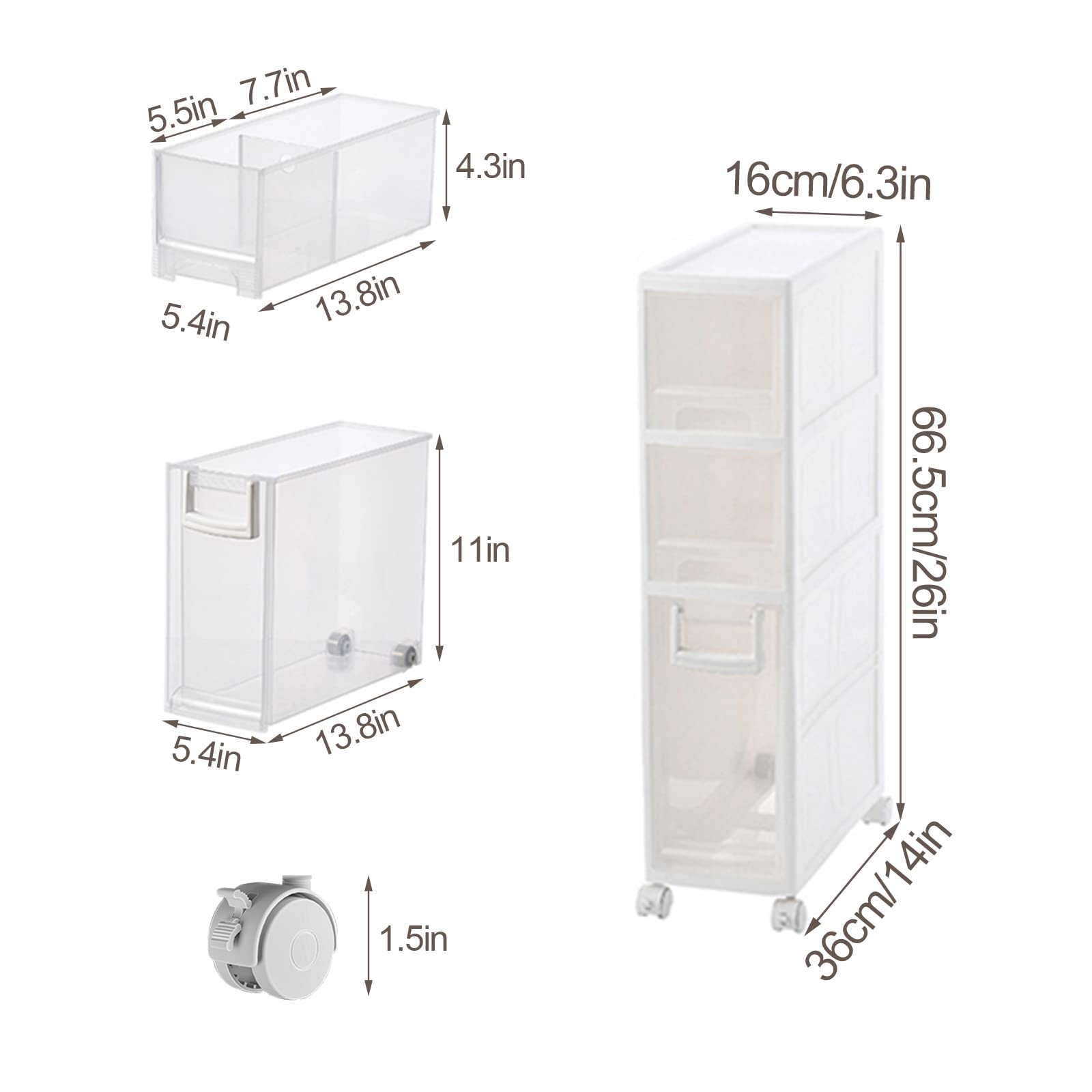 Carrito de Almacenamiento Delgado con Ruedas y cajones de 3 Niveles, Compacto para Cocina y baño en Espacios pequeños.