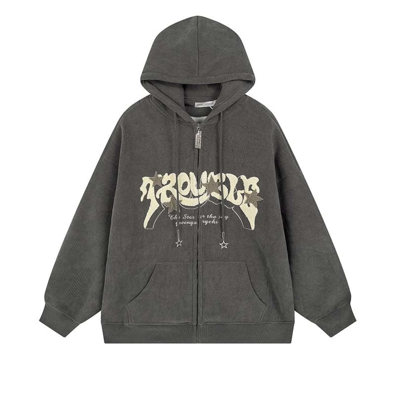 Y2K Zip Up Hoodie for Women Men Letter Print Star Graphic Grunge Hooded Corduroy Sweatshirt Jacket